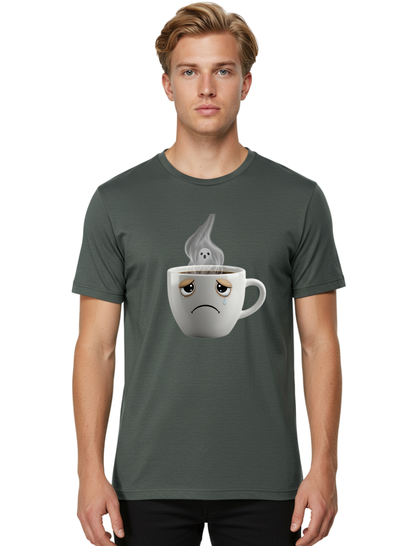 Crying-Coffee-Cup Men'S Graphic Tee, 100% Cotton, Comfortable Casual Summer Wear, Machine Washable, Sad Face Coffee Cup, Steaming Hot Coffee, Ghostly Steam, Coffee Lover, Coffee Culture, Coffee Time, Morning Coffee, Daily Grind Bae422 30
