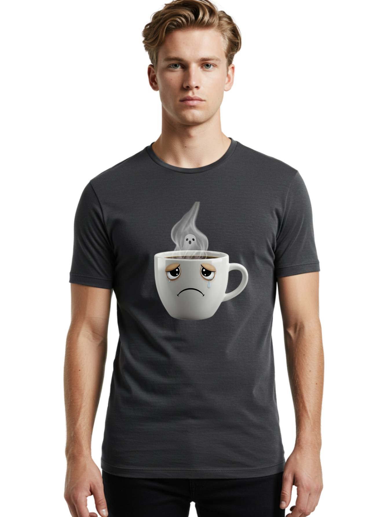 Crying-Coffee-Cup Men'S Graphic Tee, 100% Cotton, Comfortable Casual Summer Wear, Machine Washable, Sad Face Coffee Cup, Steaming Hot Coffee, Ghostly Steam, Coffee Lover, Coffee Culture, Coffee Time, Morning Coffee, Daily Grind Bae422 19