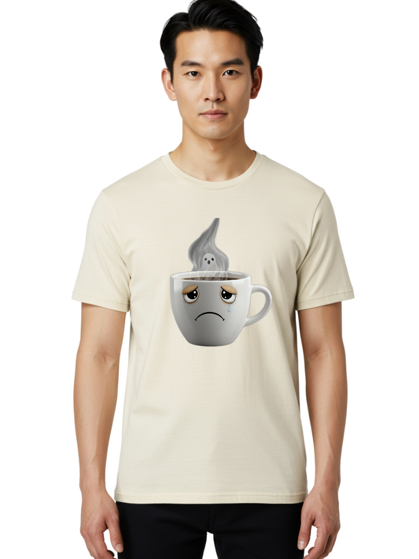 Crying-Coffee-Cup Men'S Graphic Tee, 100% Cotton, Comfortable Casual Summer Wear, Machine Washable, Sad Face Coffee Cup, Steaming Hot Coffee, Ghostly Steam, Coffee Lover, Coffee Culture, Coffee Time, Morning Coffee, Daily Grind Bae422 16