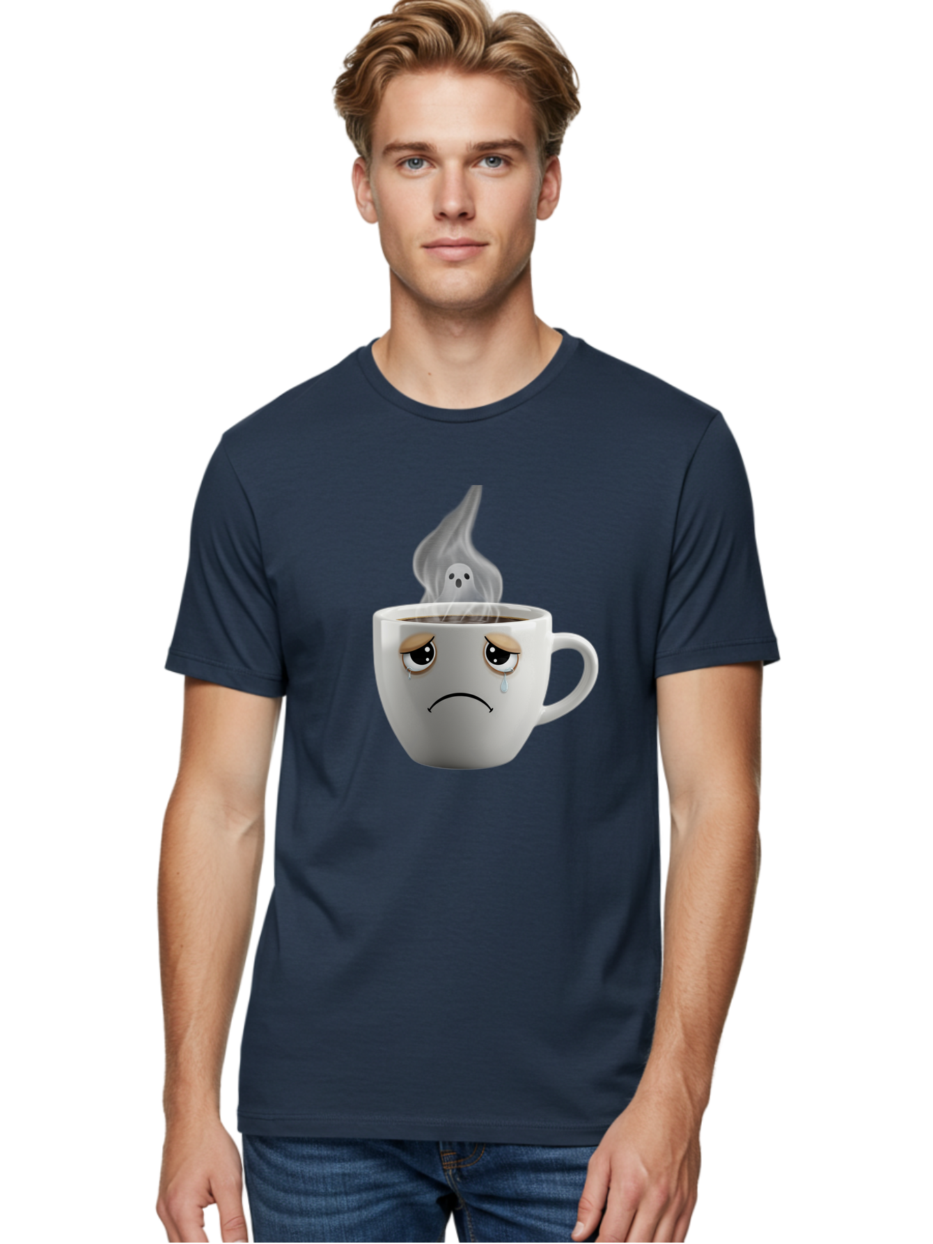 Crying-Coffee-Cup Men'S Graphic Tee, 100% Cotton, Comfortable Casual Summer Wear, Machine Washable, Sad Face Coffee Cup, Steaming Hot Coffee, Ghostly Steam, Coffee Lover, Coffee Culture, Coffee Time, Morning Coffee, Daily Grind Bae422 23