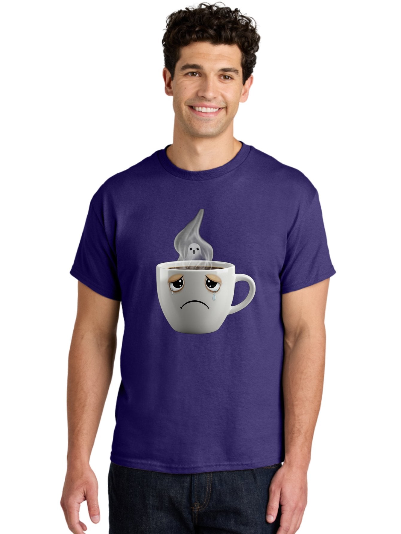 Crying-Coffee-Cup Men'S Graphic Tee, 100% Cotton, Comfortable Casual Summer Wear, Machine Washable, Sad Face Coffee Cup, Steaming Hot Coffee, Ghostly Steam, Coffee Lover, Coffee Culture, Coffee Time, Morning Coffee, Daily Grind Bae422 21