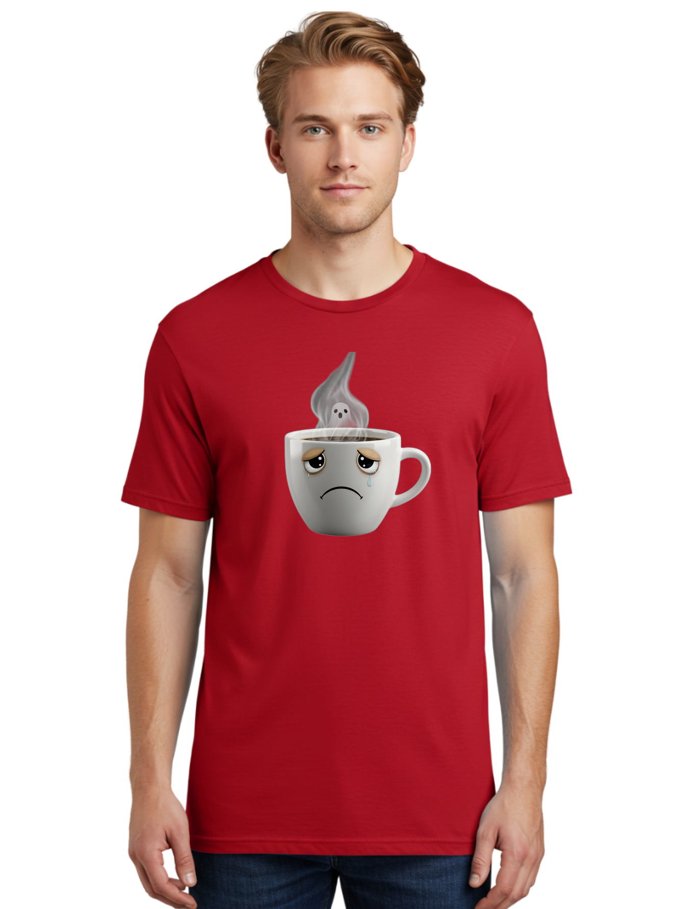 Crying-Coffee-Cup Men'S Graphic Tee, 100% Cotton, Comfortable Casual Summer Wear, Machine Washable, Sad Face Coffee Cup, Steaming Hot Coffee, Ghostly Steam, Coffee Lover, Coffee Culture, Coffee Time, Morning Coffee, Daily Grind Bae422 29