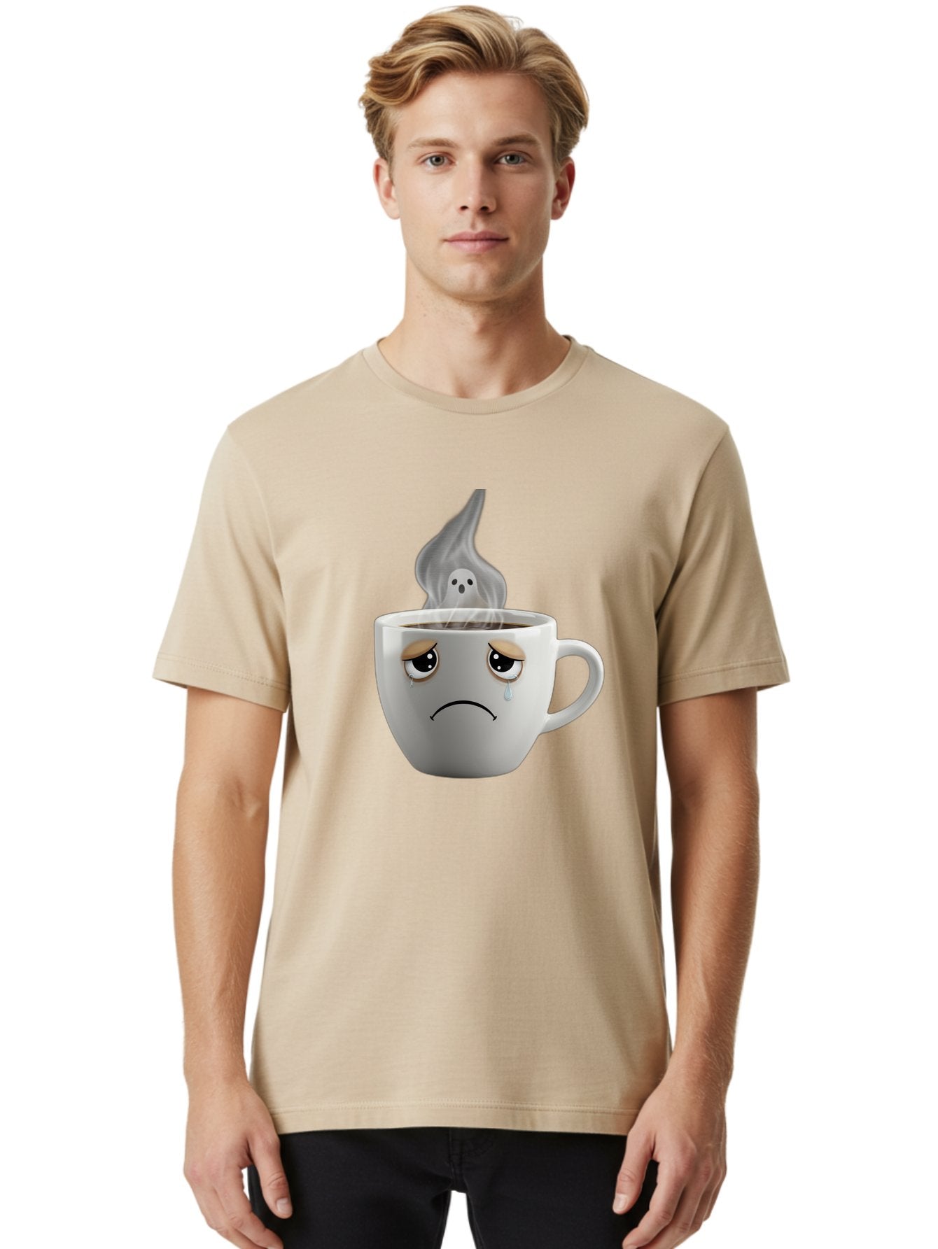 Crying-Coffee-Cup Men'S Graphic Tee, 100% Cotton, Comfortable Casual Summer Wear, Machine Washable, Sad Face Coffee Cup, Steaming Hot Coffee, Ghostly Steam, Coffee Lover, Coffee Culture, Coffee Time, Morning Coffee, Daily Grind Bae422 25