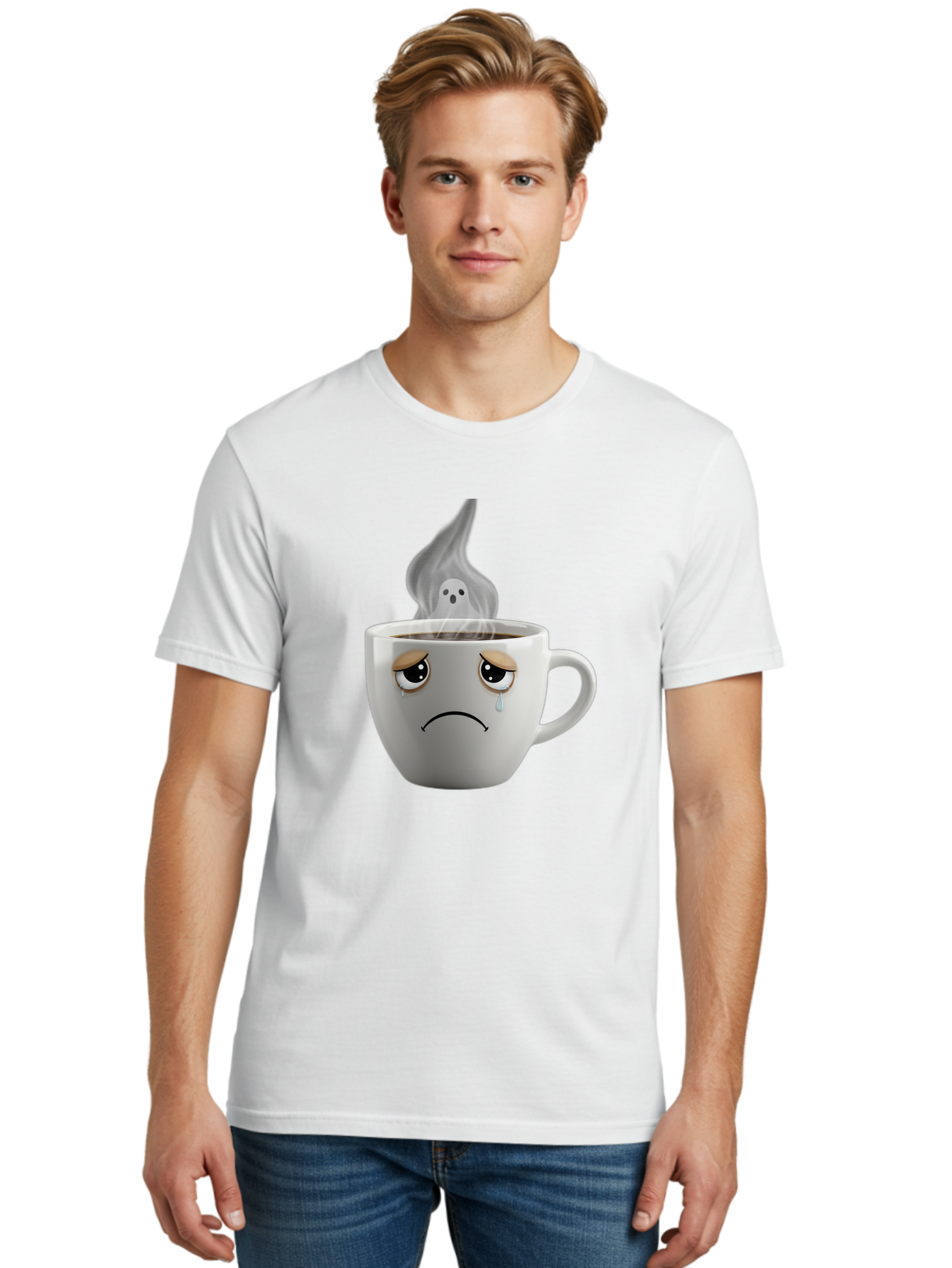 Crying-Coffee-Cup Men'S Graphic Tee, 100% Cotton, Comfortable Casual Summer Wear, Machine Washable, Sad Face Coffee Cup, Steaming Hot Coffee, Ghostly Steam, Coffee Lover, Coffee Culture, Coffee Time, Morning Coffee, Daily Grind Bae422 24