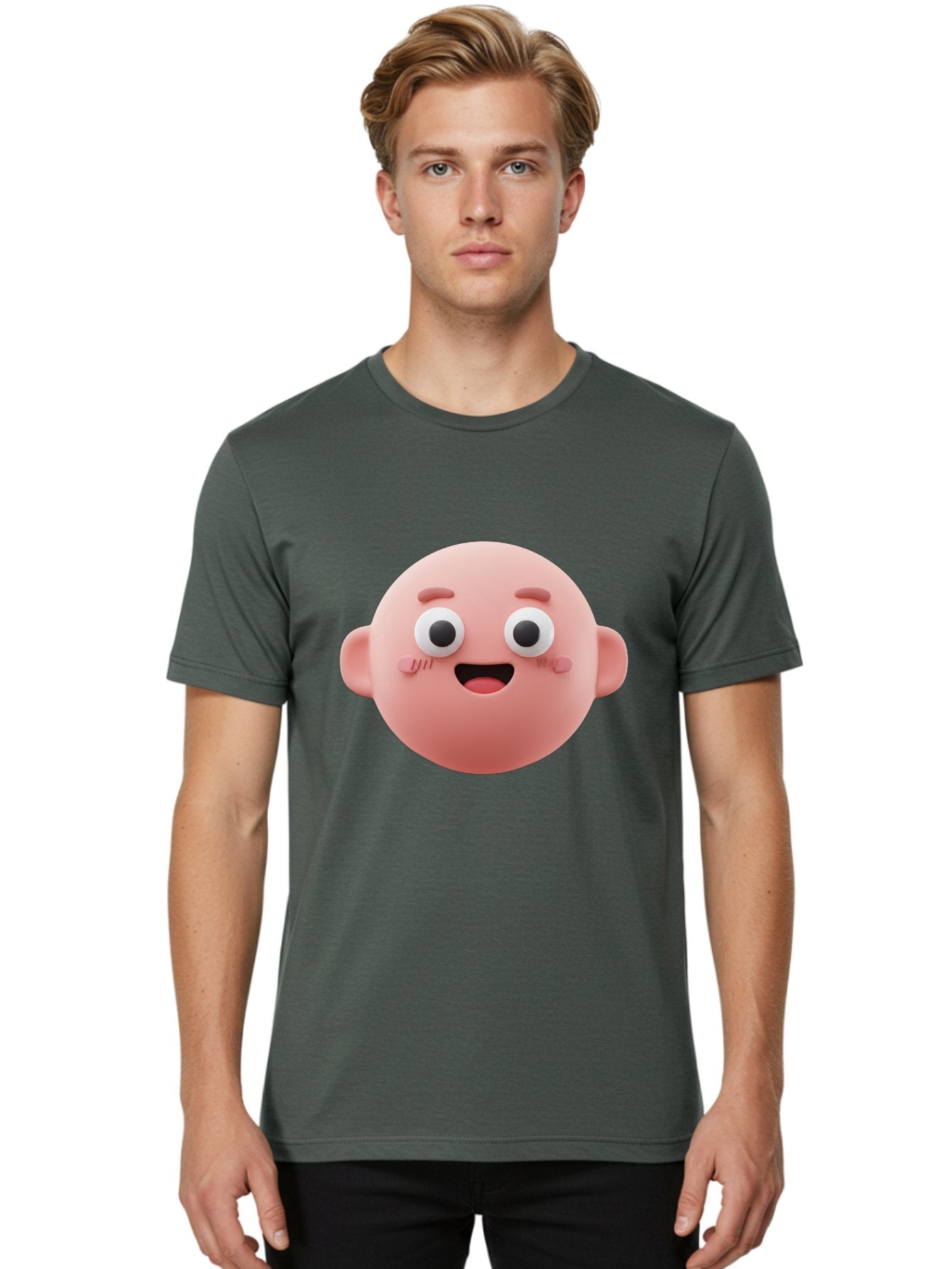 Cute-3D-Emoji-Face Men'S Graphic Tee, 100% Cotton, Comfortable Casual Summer Wear, Machine Washable, Smiling Face, Cartoon Character, Pink Hue, Cheerful Expression, Wide Eyes, Smiling Mouth, Rosy Cheeks, Cute Emoji, Playful Design, Funny Face Bae423 22
