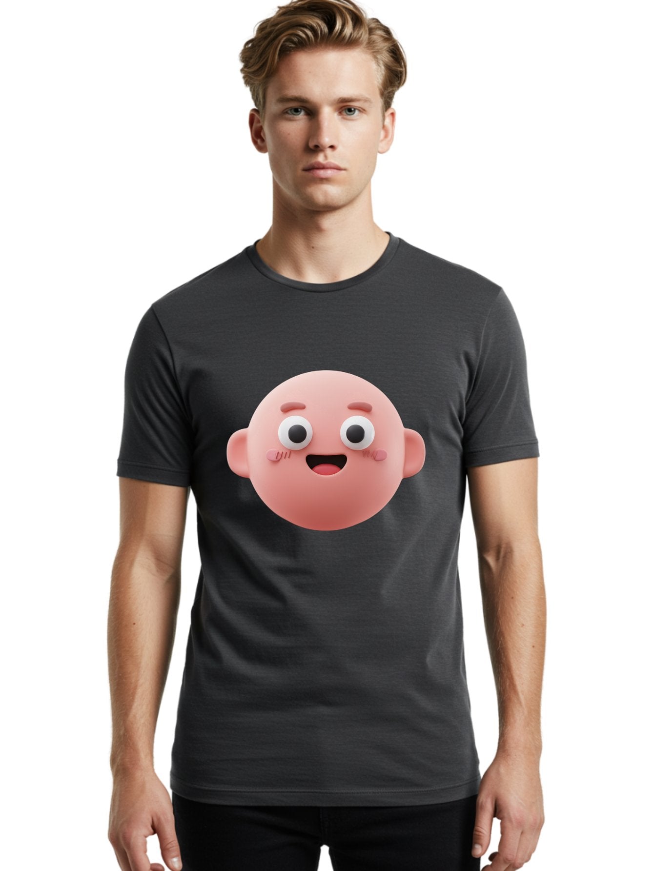 Cute-3D-Emoji-Face Men'S Graphic Tee, 100% Cotton, Comfortable Casual Summer Wear, Machine Washable, Smiling Face, Cartoon Character, Pink Hue, Cheerful Expression, Wide Eyes, Smiling Mouth, Rosy Cheeks, Cute Emoji, Playful Design, Funny Face Bae423 26