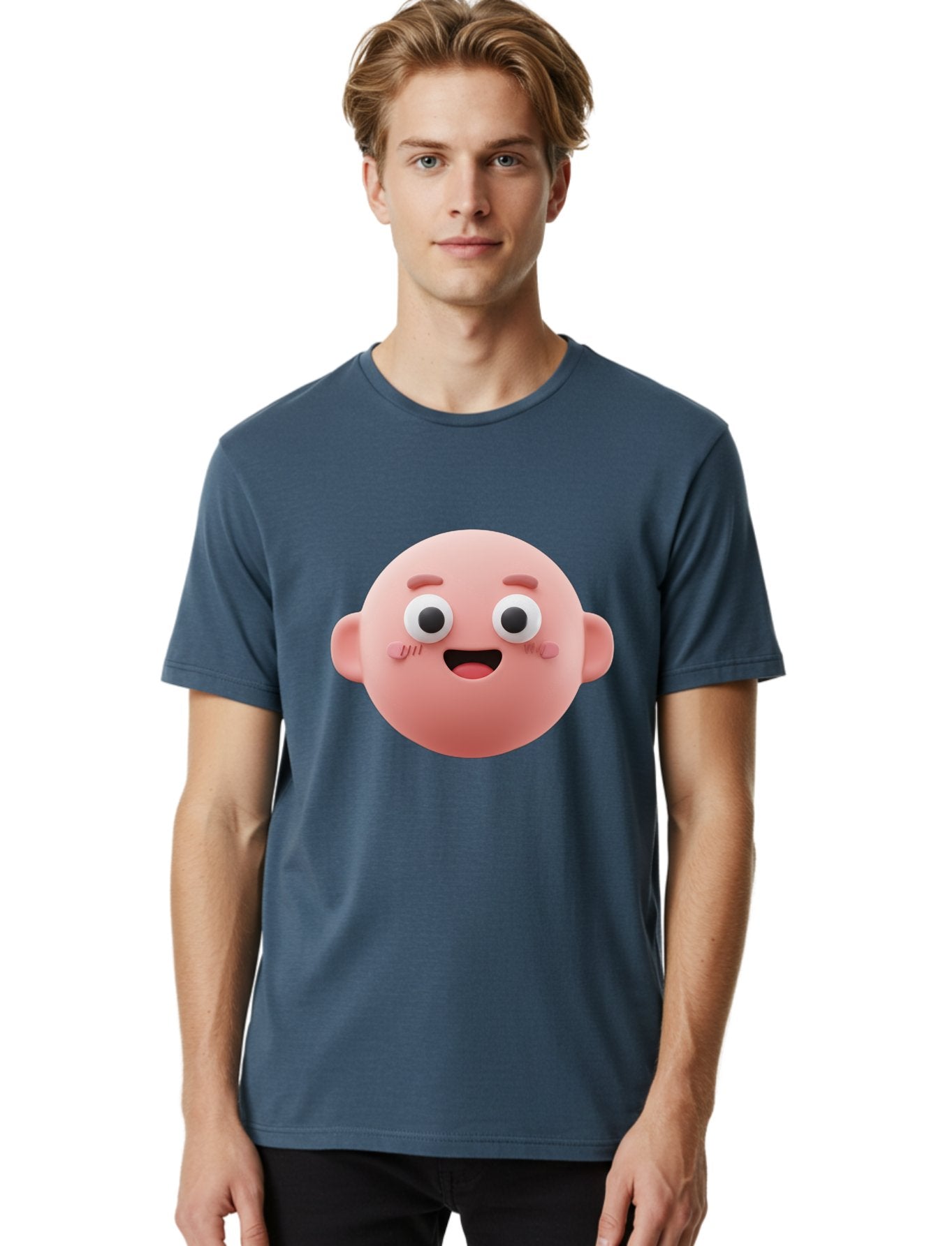 Cute-3D-Emoji-Face Men'S Graphic Tee, 100% Cotton, Comfortable Casual Summer Wear, Machine Washable, Smiling Face, Cartoon Character, Pink Hue, Cheerful Expression, Wide Eyes, Smiling Mouth, Rosy Cheeks, Cute Emoji, Playful Design, Funny Face Bae423 16
