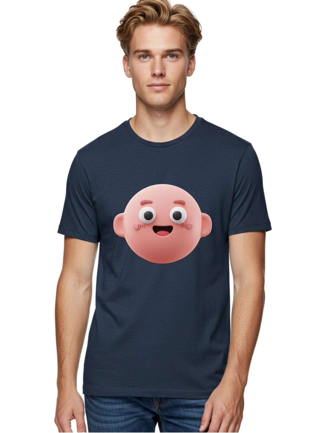 Cute-3D-Emoji-Face Men'S Graphic Tee, 100% Cotton, Comfortable Casual Summer Wear, Machine Washable, Smiling Face, Cartoon Character, Pink Hue, Cheerful Expression, Wide Eyes, Smiling Mouth, Rosy Cheeks, Cute Emoji, Playful Design, Funny Face Bae423 27