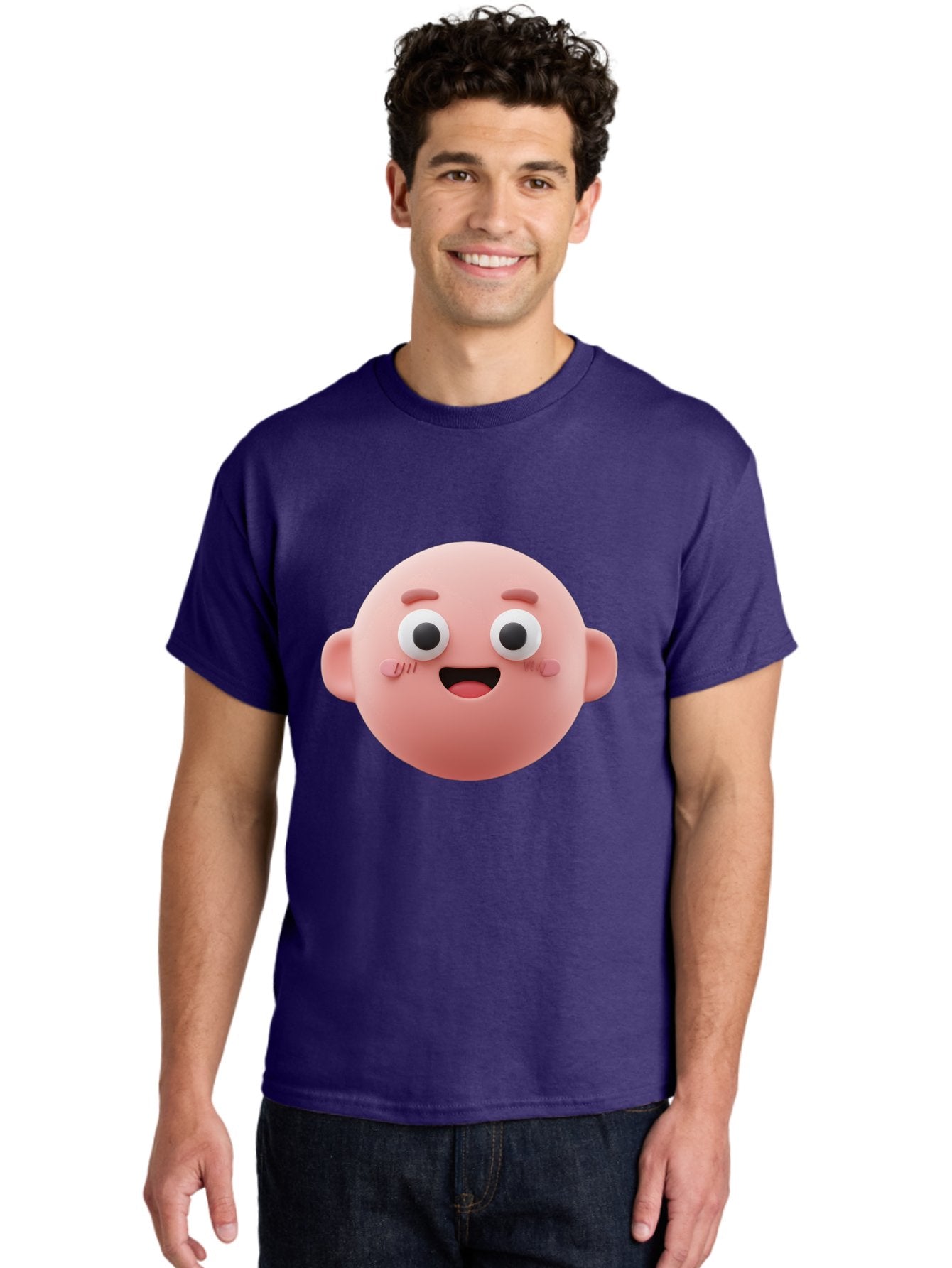 Cute-3D-Emoji-Face Men'S Graphic Tee, 100% Cotton, Comfortable Casual Summer Wear, Machine Washable, Smiling Face, Cartoon Character, Pink Hue, Cheerful Expression, Wide Eyes, Smiling Mouth, Rosy Cheeks, Cute Emoji, Playful Design, Funny Face Bae423 18