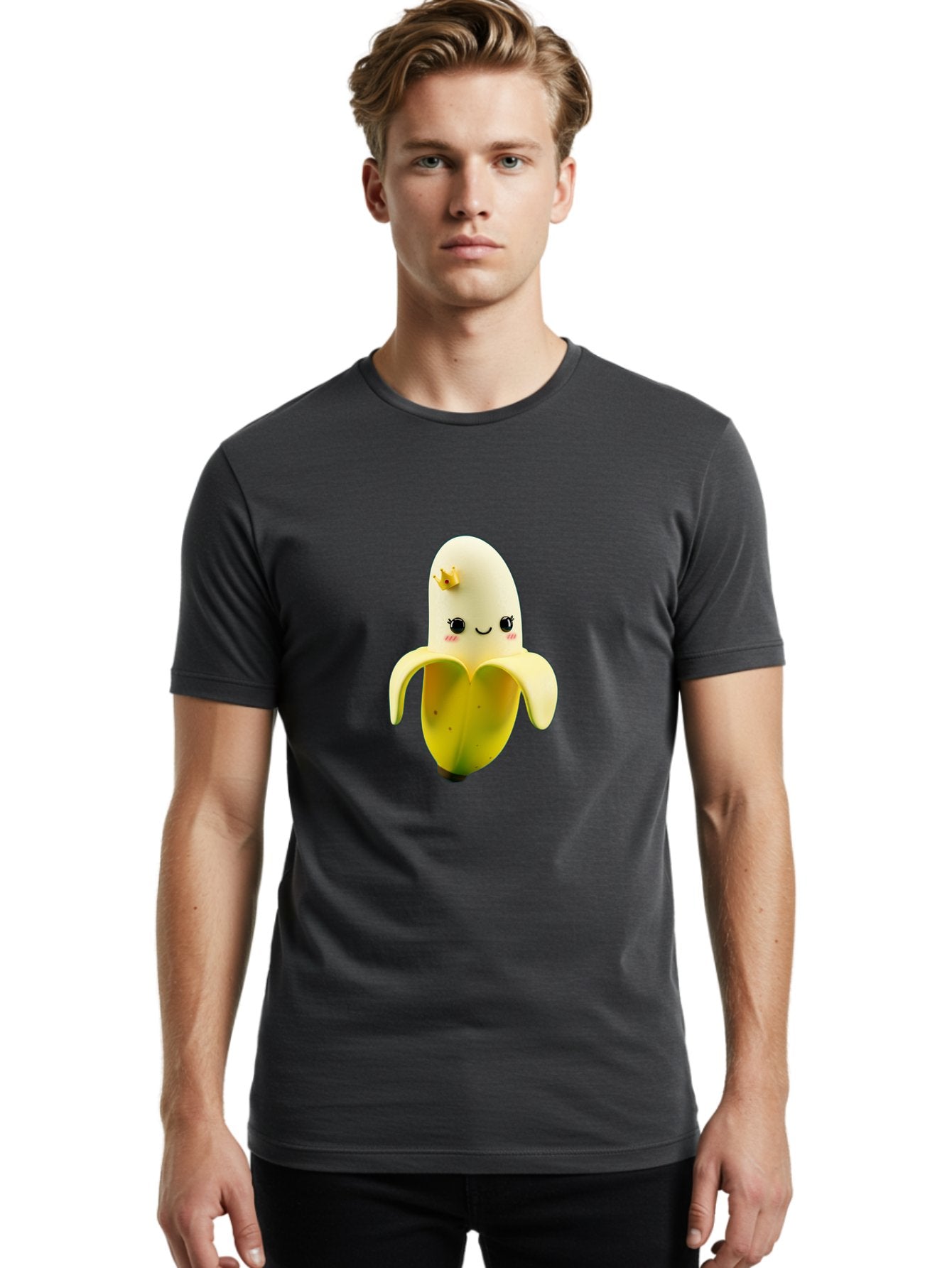 Cute-Banana Men'S Graphic Tee, 100% Cotton, Comfortable Casual Summer Wear, Machine Washable, Cartoon Banana Character, Cute Fruit Design, Banana Prince, Kawaii Fruit, Adorable Banana, Funny Fruit Character, Yellow Fruit, Smiling Banana Bae424 23