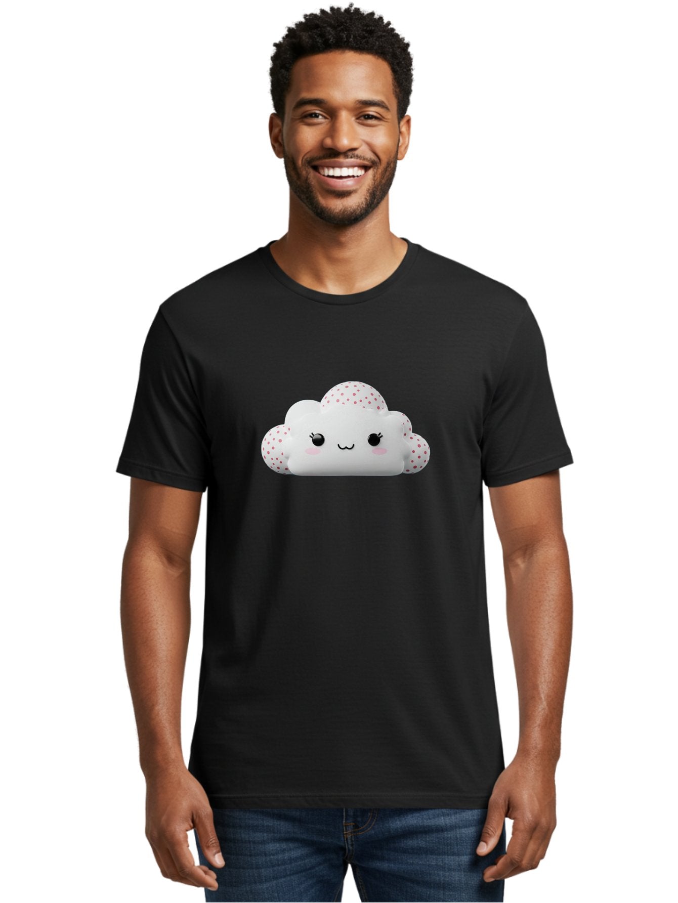 Cute-Cloud-3 Men'S Graphic Tee, 100% Cotton, Comfortable Casual Summer Wear, Machine Washable, Cute Cartoon Cloud, Fluffy White Cloud, Pink Polka Dots, Smiling Face, Black Eyes, Eyelashes, Rosy Cheeks, Kawaii Character, Digital Illustration, Bae427 17