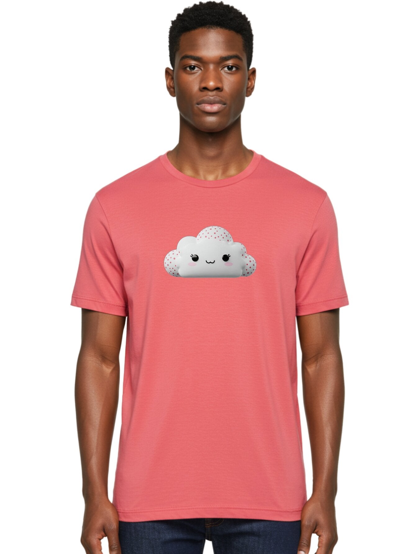 Cute-Cloud-3 Men'S Graphic Tee, 100% Cotton, Comfortable Casual Summer Wear, Machine Washable, Cute Cartoon Cloud, Fluffy White Cloud, Pink Polka Dots, Smiling Face, Black Eyes, Eyelashes, Rosy Cheeks, Kawaii Character, Digital Illustration, Bae427 19