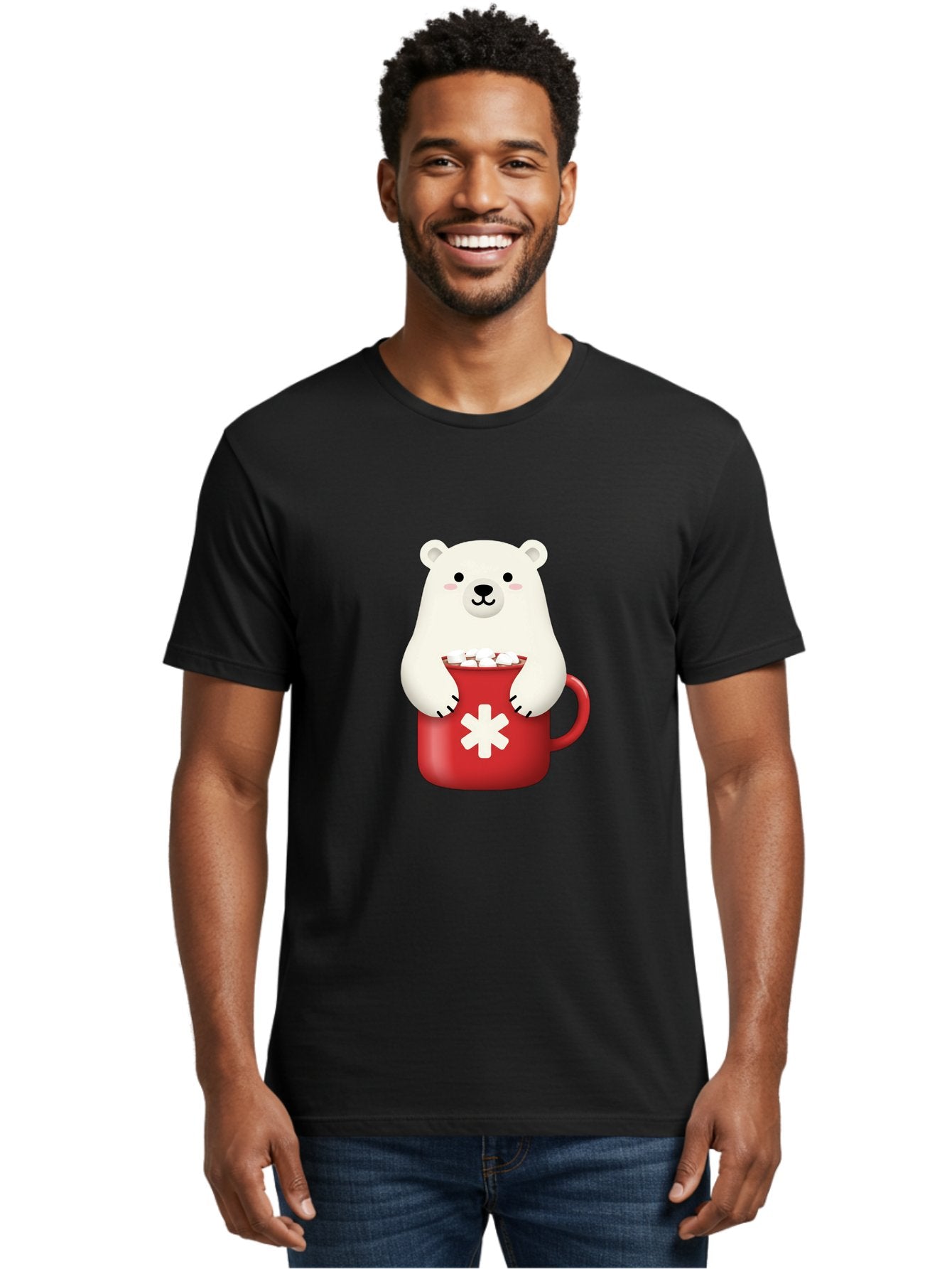 Cute-Panda-In-Cup Men'S Graphic Tee, 100% Cotton, Comfortable Casual Summer Wear, Machine Washable, White Polar Bear, Holding Red Mug, Marshmallows, Cute Cartoon Character, Winter Drink, Hot Chocolate, Medical Symbol Bae430 20