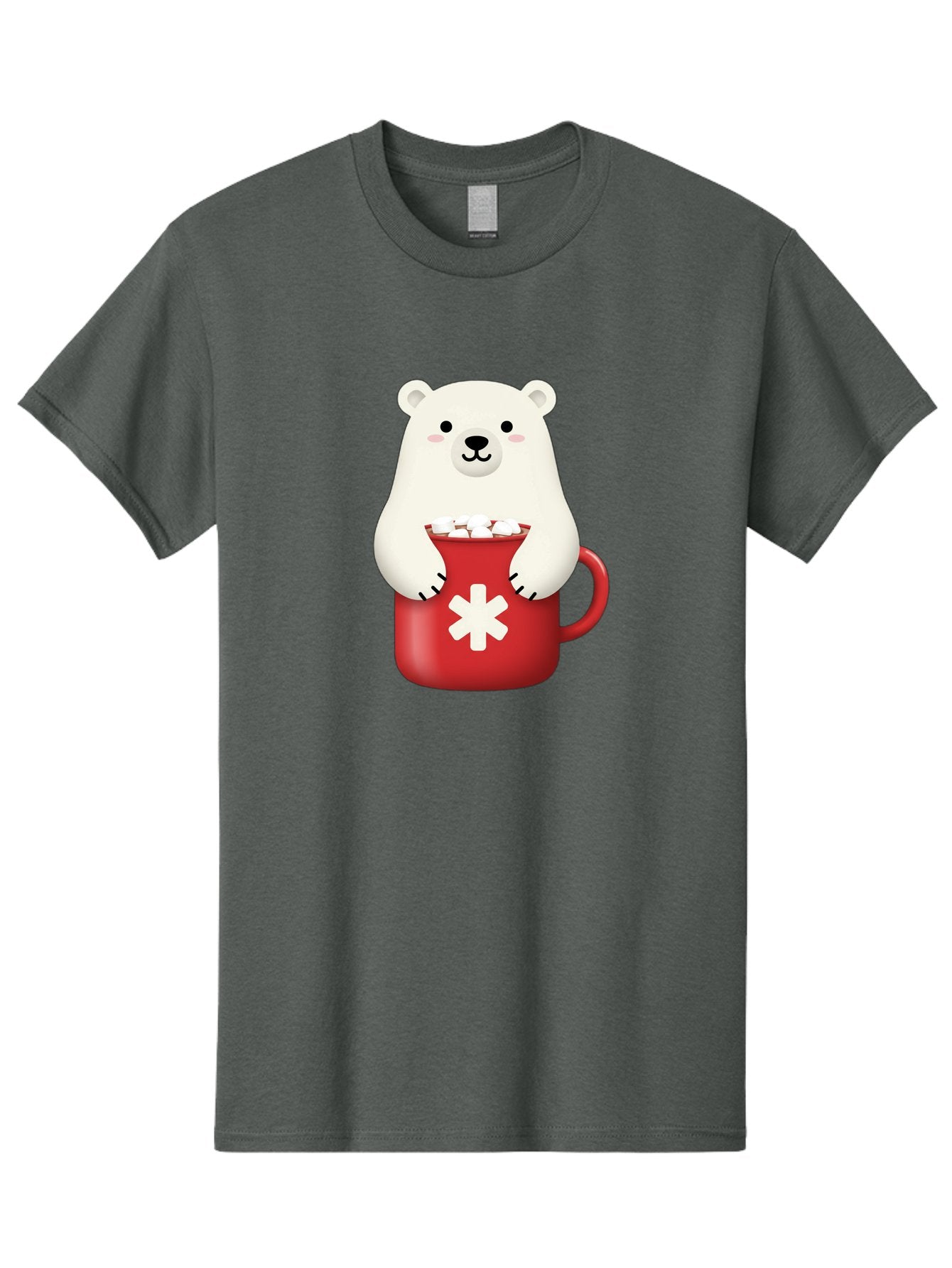 Cute-Panda-In-Cup Men'S Graphic Tee, 100% Cotton, Comfortable Casual Summer Wear, Machine Washable, White Polar Bear, Holding Red Mug, Marshmallows, Cute Cartoon Character, Winter Drink, Hot Chocolate, Medical Symbol Bae430