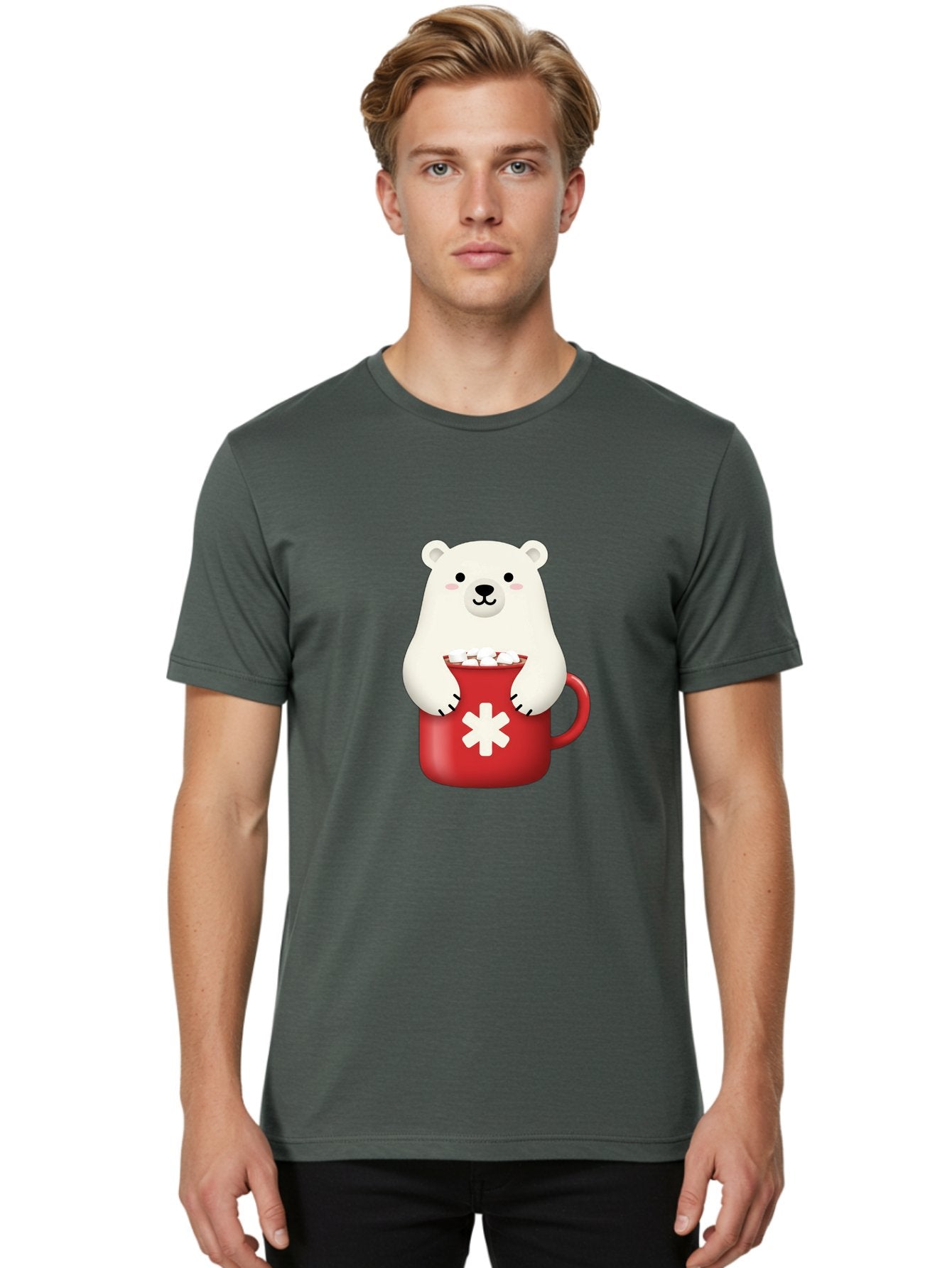 Cute-Panda-In-Cup Men'S Graphic Tee, 100% Cotton, Comfortable Casual Summer Wear, Machine Washable, White Polar Bear, Holding Red Mug, Marshmallows, Cute Cartoon Character, Winter Drink, Hot Chocolate, Medical Symbol Bae430 21
