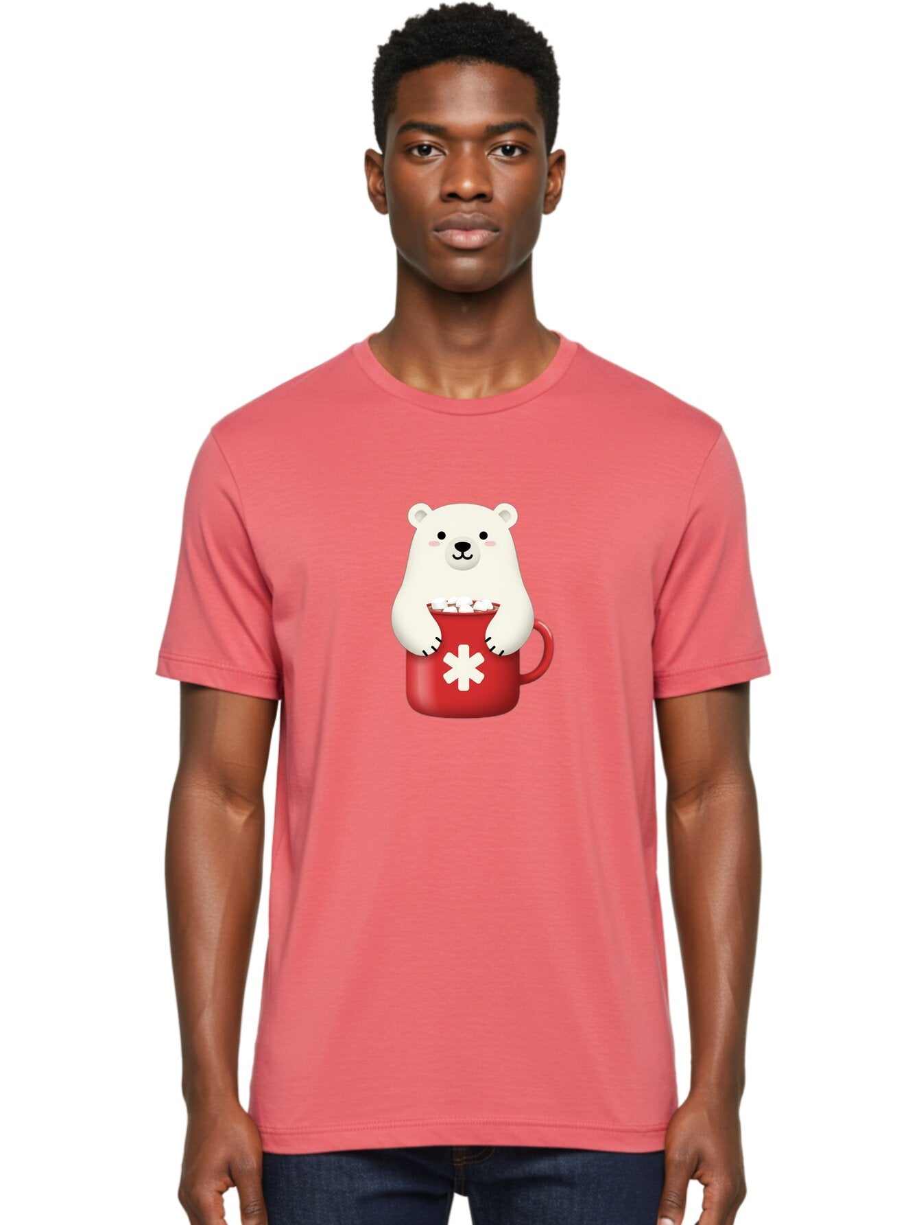 Cute-Panda-In-Cup Men'S Graphic Tee, 100% Cotton, Comfortable Casual Summer Wear, Machine Washable, White Polar Bear, Holding Red Mug, Marshmallows, Cute Cartoon Character, Winter Drink, Hot Chocolate, Medical Symbol Bae430 16