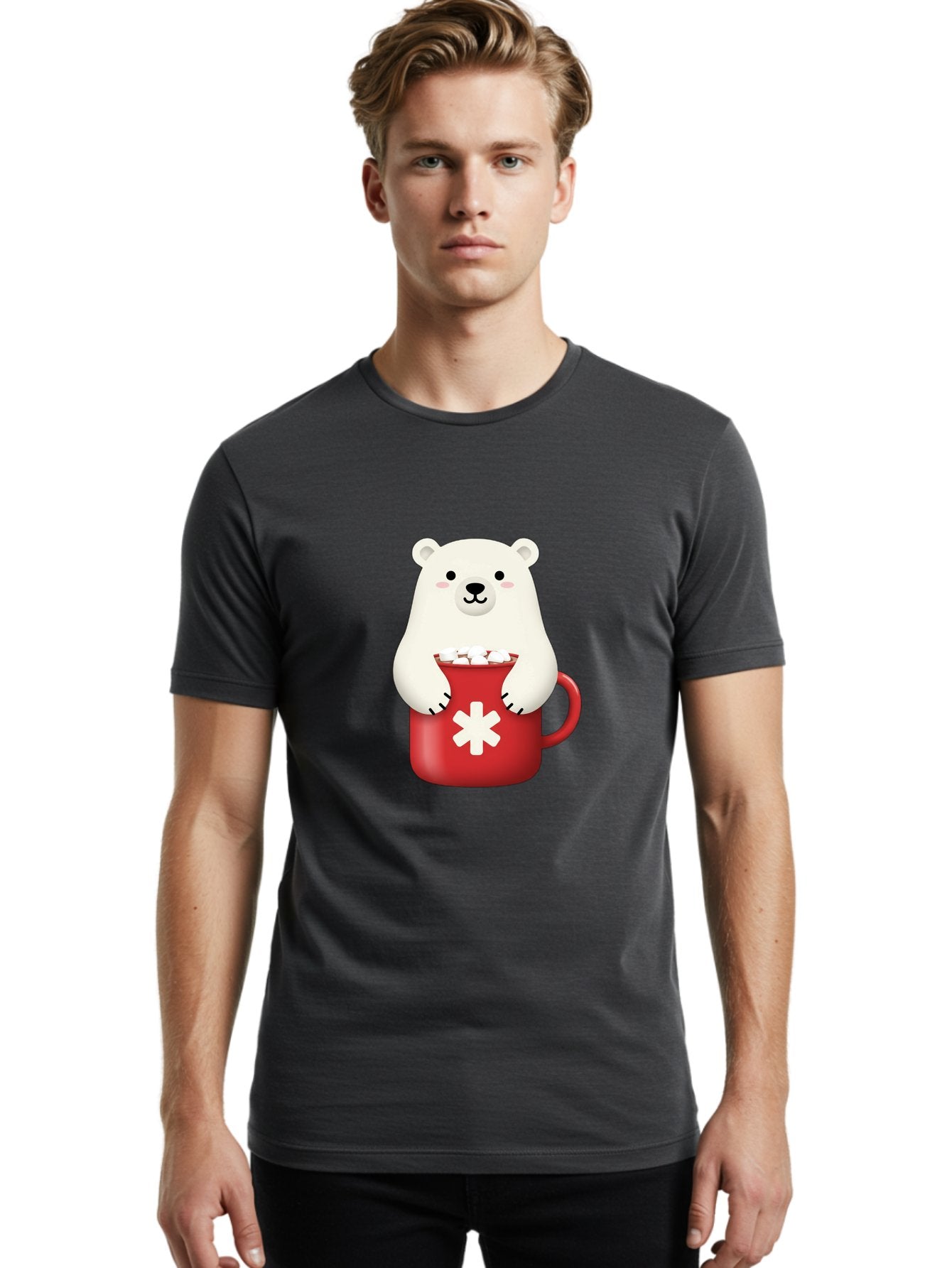 Cute-Panda-In-Cup Men'S Graphic Tee, 100% Cotton, Comfortable Casual Summer Wear, Machine Washable, White Polar Bear, Holding Red Mug, Marshmallows, Cute Cartoon Character, Winter Drink, Hot Chocolate, Medical Symbol Bae430 22