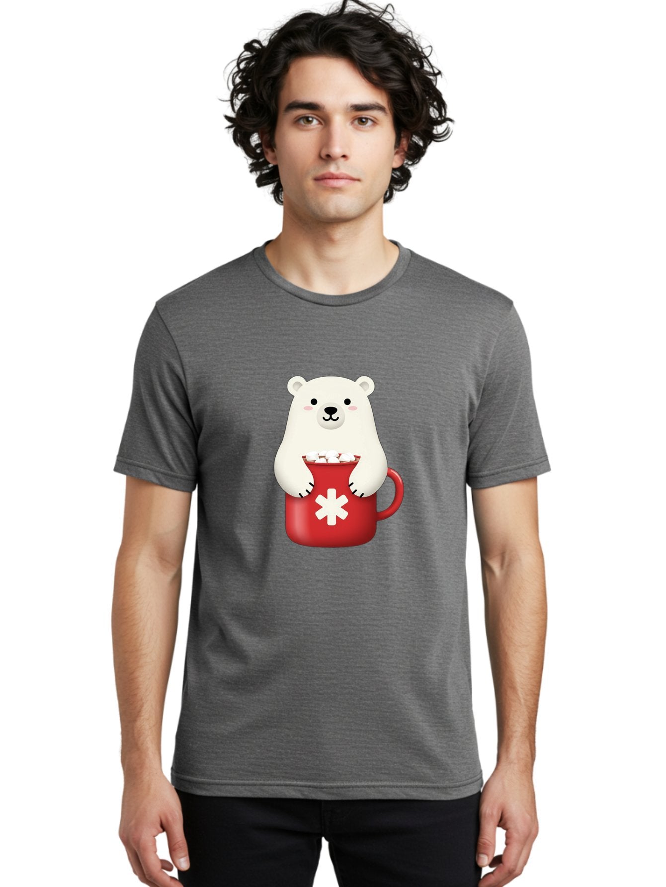 Cute-Panda-In-Cup Men'S Graphic Tee, 100% Cotton, Comfortable Casual Summer Wear, Machine Washable, White Polar Bear, Holding Red Mug, Marshmallows, Cute Cartoon Character, Winter Drink, Hot Chocolate, Medical Symbol Bae430 25