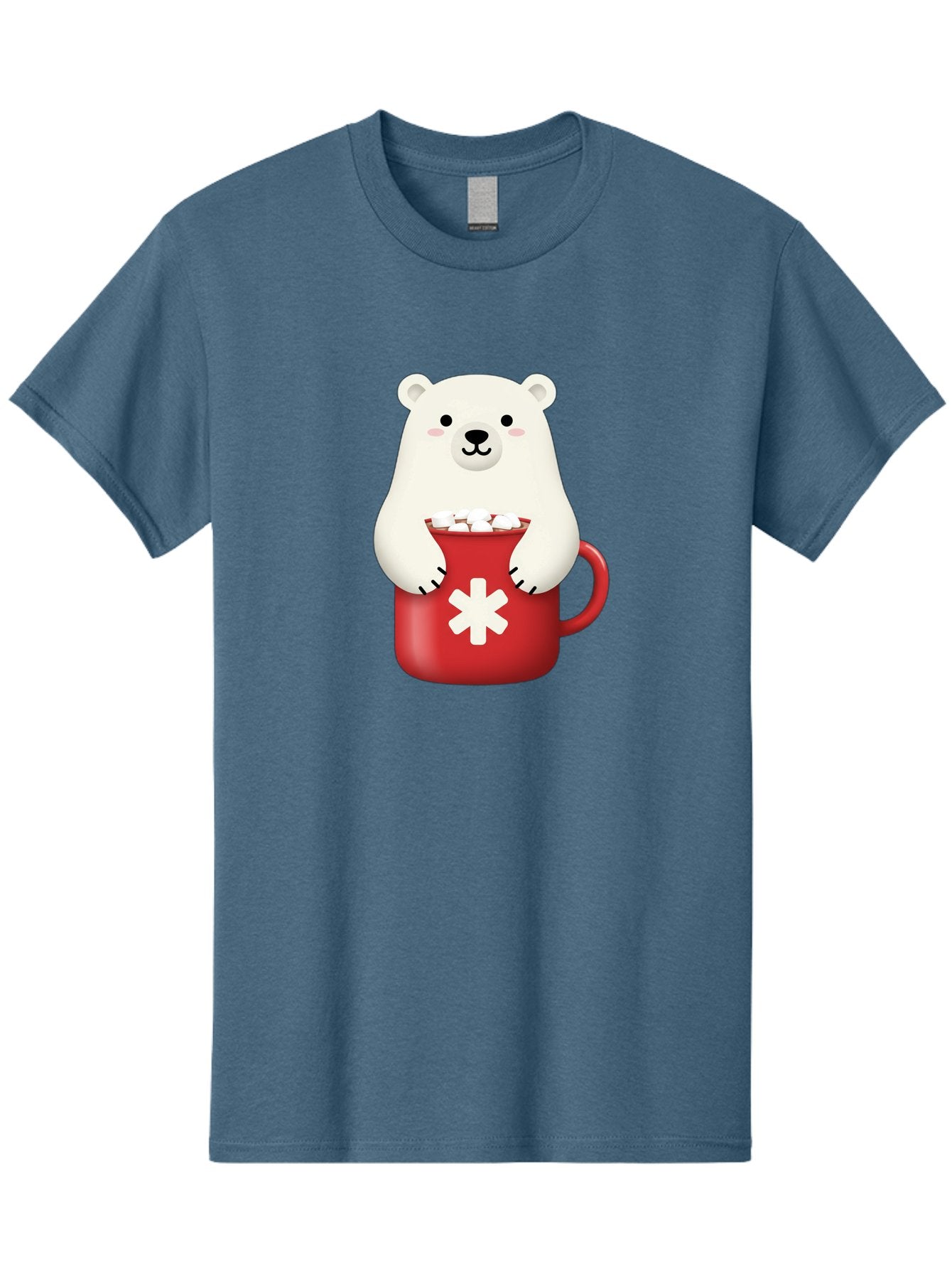 Cute-Panda-In-Cup Men'S Graphic Tee, 100% Cotton, Comfortable Casual Summer Wear, Machine Washable, White Polar Bear, Holding Red Mug, Marshmallows, Cute Cartoon Character, Winter Drink, Hot Chocolate, Medical Symbol Bae430