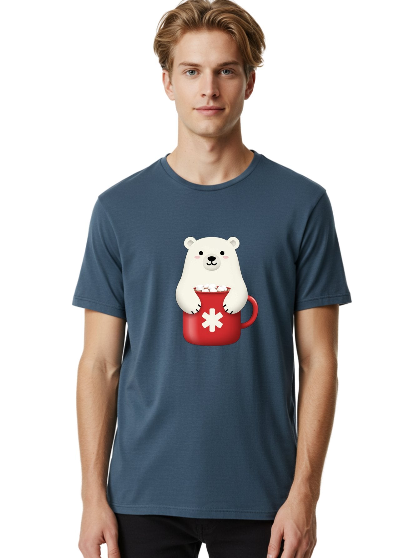 Cute-Panda-In-Cup Men'S Graphic Tee, 100% Cotton, Comfortable Casual Summer Wear, Machine Washable, White Polar Bear, Holding Red Mug, Marshmallows, Cute Cartoon Character, Winter Drink, Hot Chocolate, Medical Symbol Bae430 19