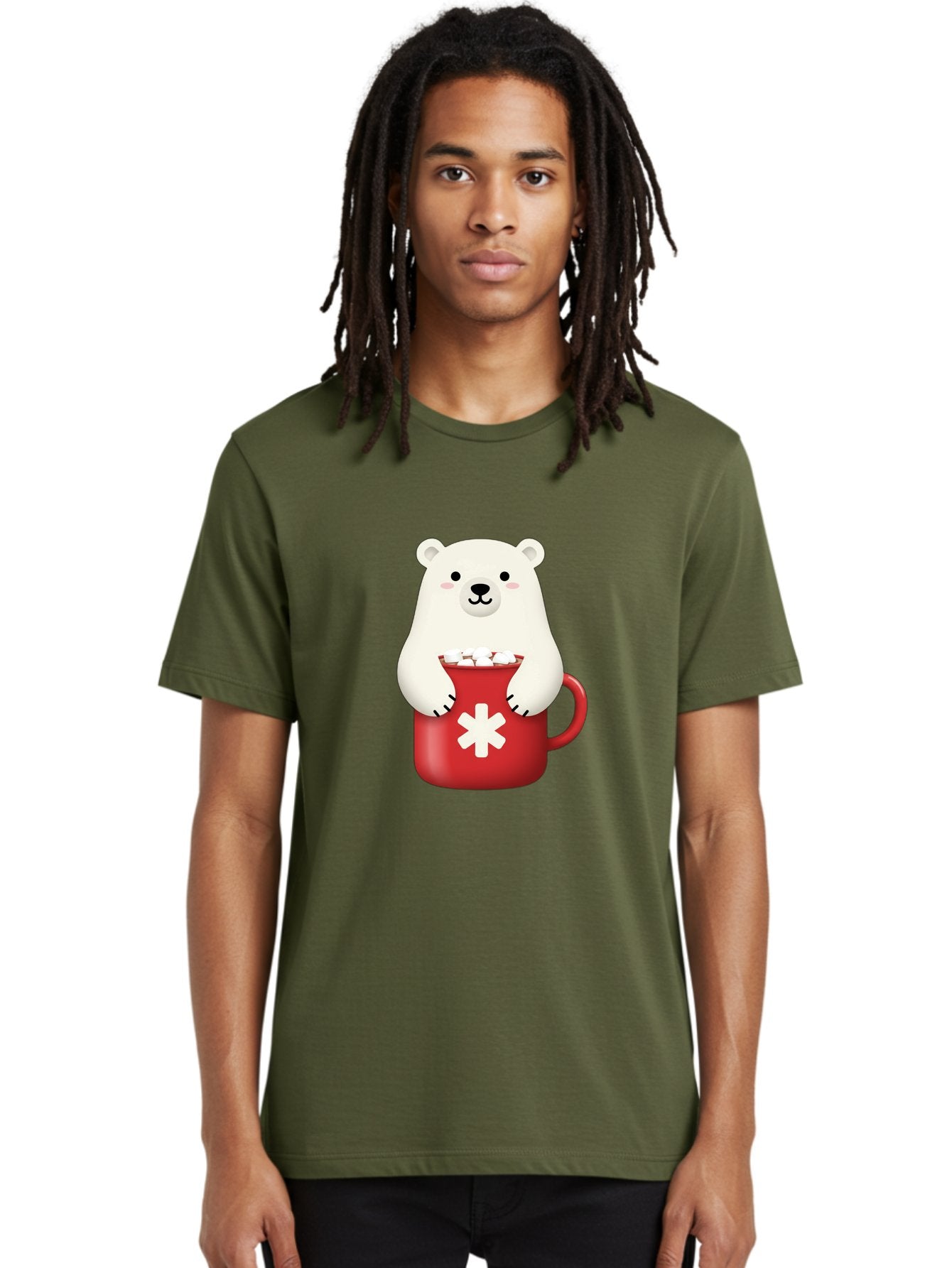 Cute-Panda-In-Cup Men'S Graphic Tee, 100% Cotton, Comfortable Casual Summer Wear, Machine Washable, White Polar Bear, Holding Red Mug, Marshmallows, Cute Cartoon Character, Winter Drink, Hot Chocolate, Medical Symbol Bae430 17