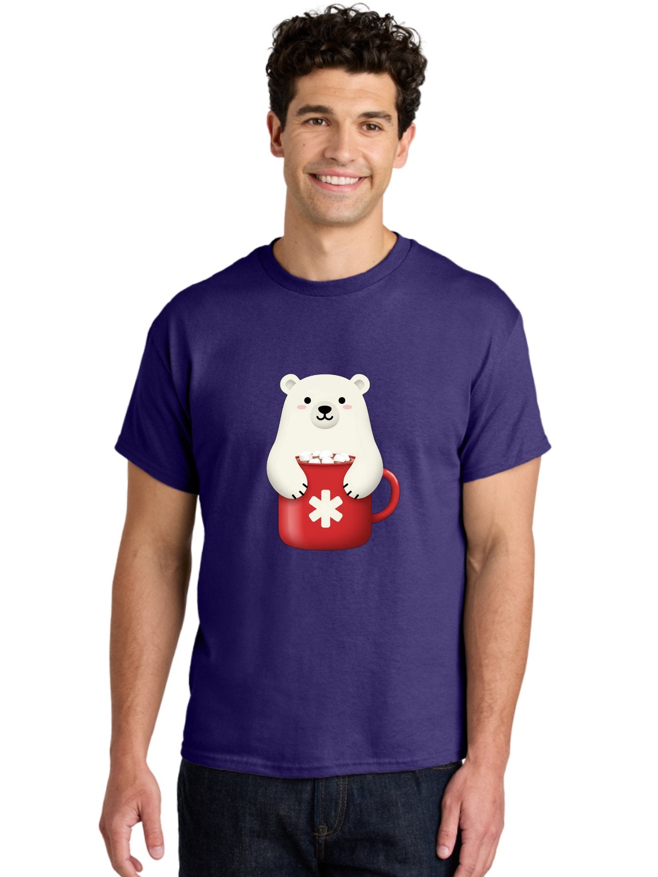 Cute-Panda-In-Cup Men'S Graphic Tee, 100% Cotton, Comfortable Casual Summer Wear, Machine Washable, White Polar Bear, Holding Red Mug, Marshmallows, Cute Cartoon Character, Winter Drink, Hot Chocolate, Medical Symbol Bae430 23
