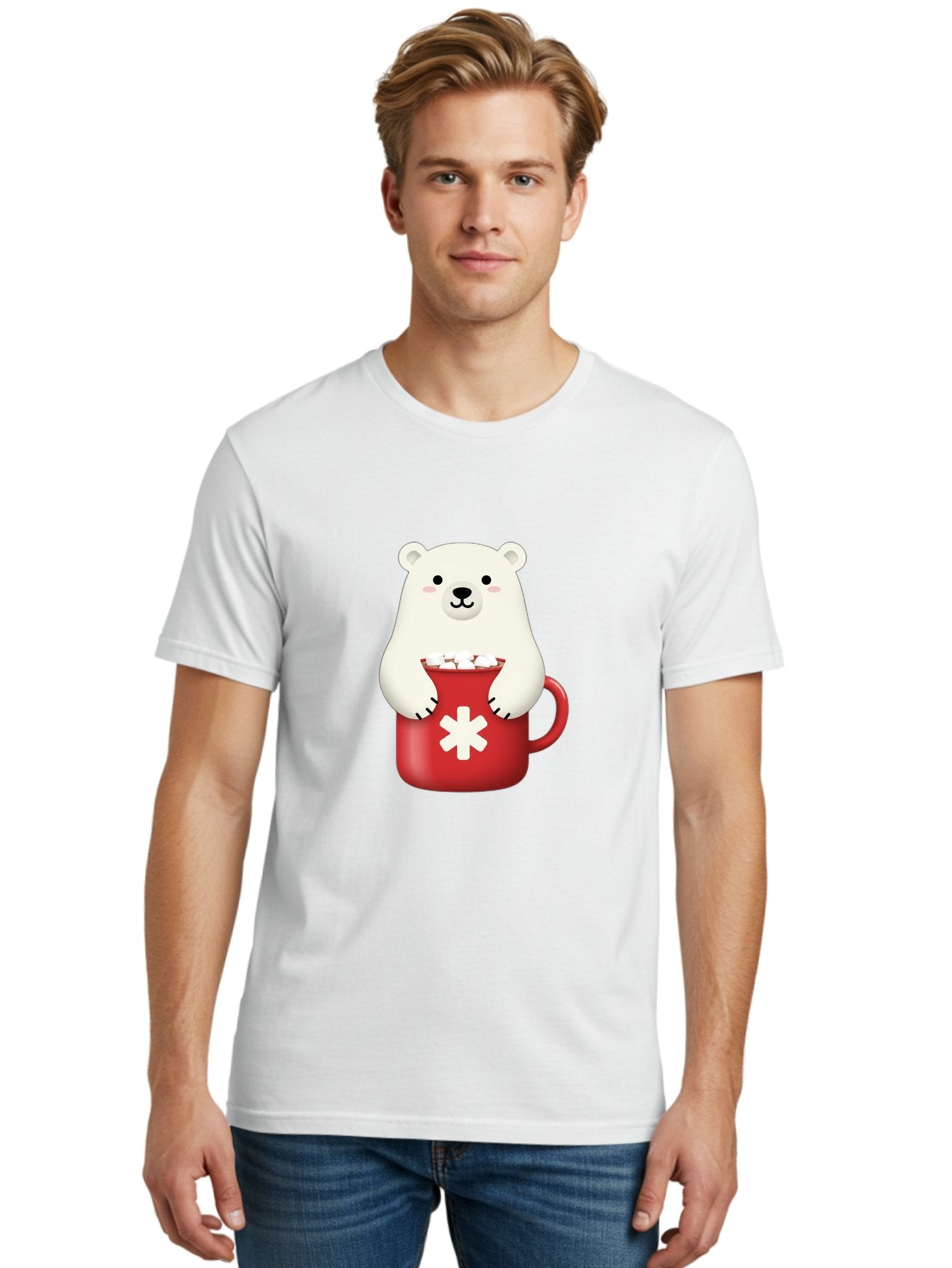 Cute-Panda-In-Cup Men'S Graphic Tee, 100% Cotton, Comfortable Casual Summer Wear, Machine Washable, White Polar Bear, Holding Red Mug, Marshmallows, Cute Cartoon Character, Winter Drink, Hot Chocolate, Medical Symbol Bae430 28