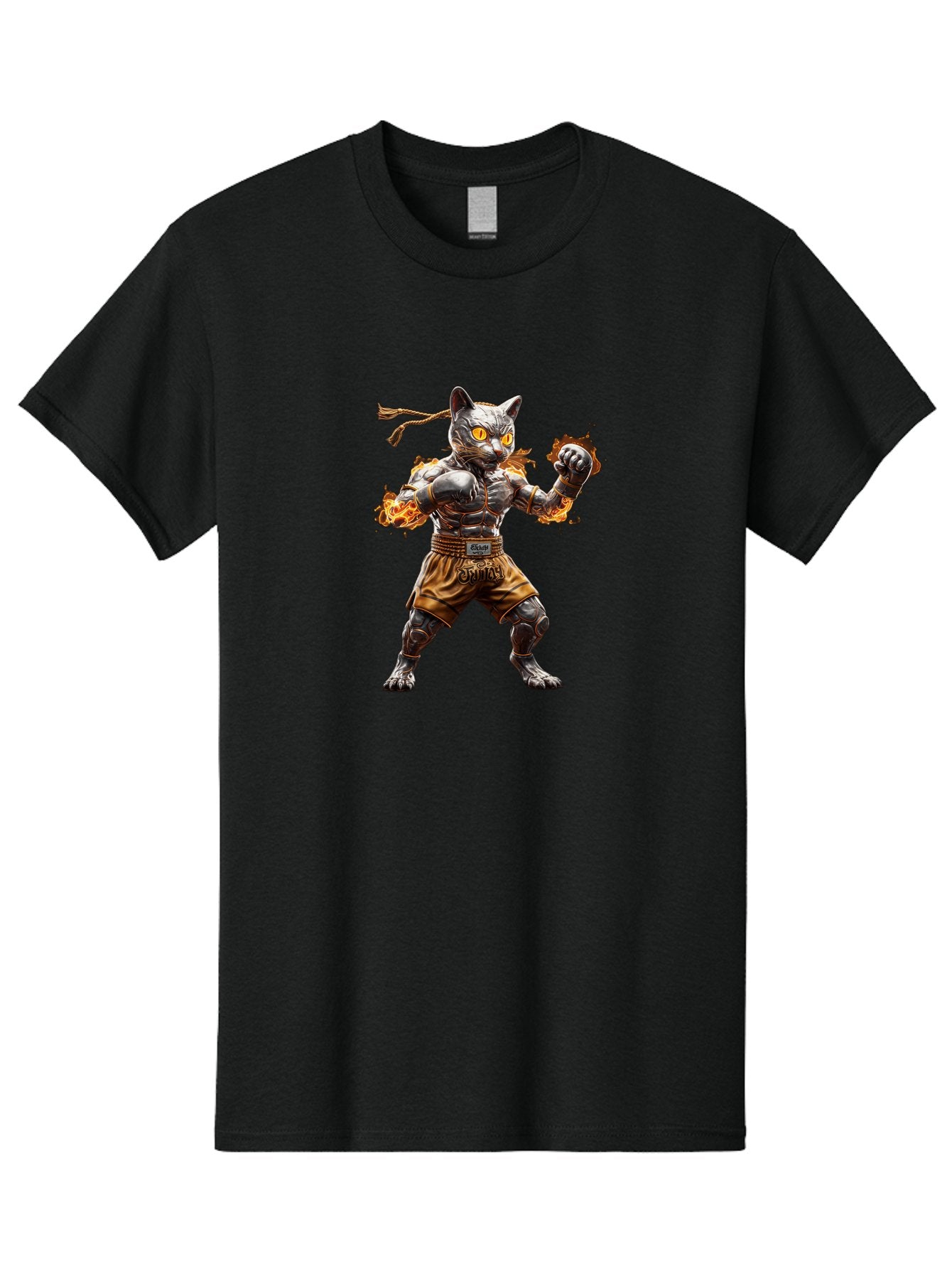 Cyber-Cat Men'S Graphic Tee, 100% Cotton, Comfortable Casual Summer Wear, Machine Washable, Anime Style Robot Cat, Martial Arts Pose, Futuristic Warrior, Cybernetic Feline, Orange Eyes Glowing, Ninja Costume, Fiery Aura, Dynamic Action, Bae431 13