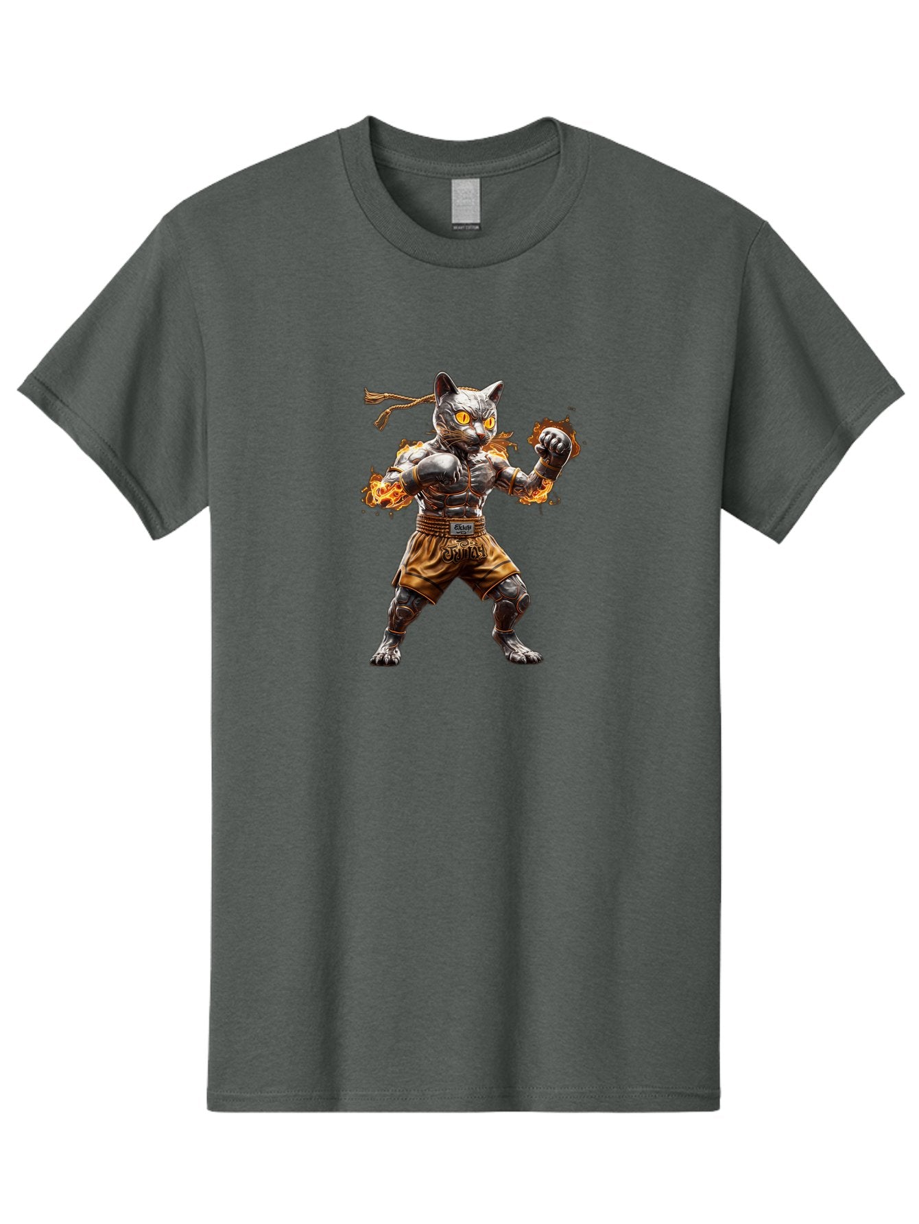 Cyber-Cat Men'S Graphic Tee, 100% Cotton, Comfortable Casual Summer Wear, Machine Washable, Anime Style Robot Cat, Martial Arts Pose, Futuristic Warrior, Cybernetic Feline, Orange Eyes Glowing, Ninja Costume, Fiery Aura, Dynamic Action, Bae431 7
