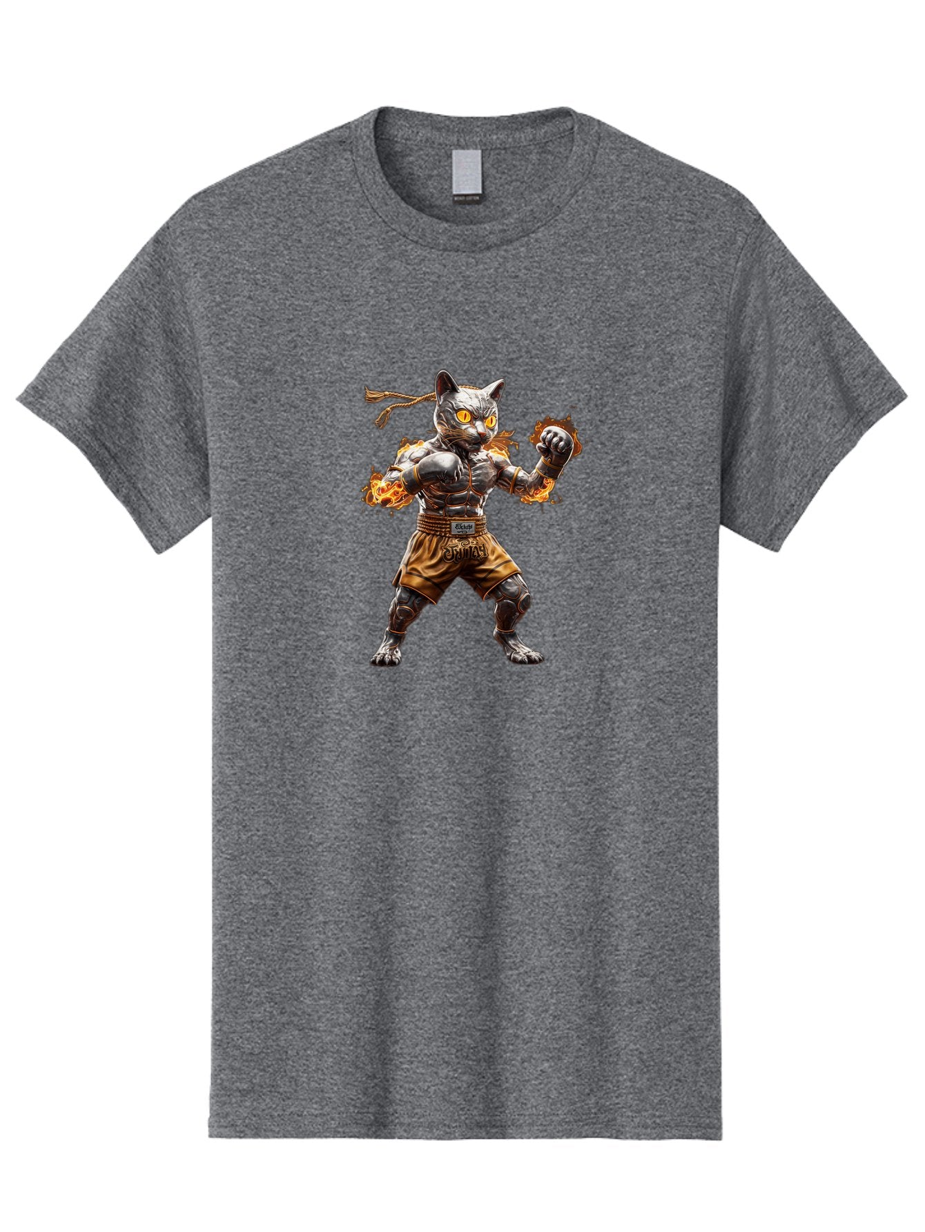 Cyber-Cat Men'S Graphic Tee, 100% Cotton, Comfortable Casual Summer Wear, Machine Washable, Anime Style Robot Cat, Martial Arts Pose, Futuristic Warrior, Cybernetic Feline, Orange Eyes Glowing, Ninja Costume, Fiery Aura, Dynamic Action, Bae431 10