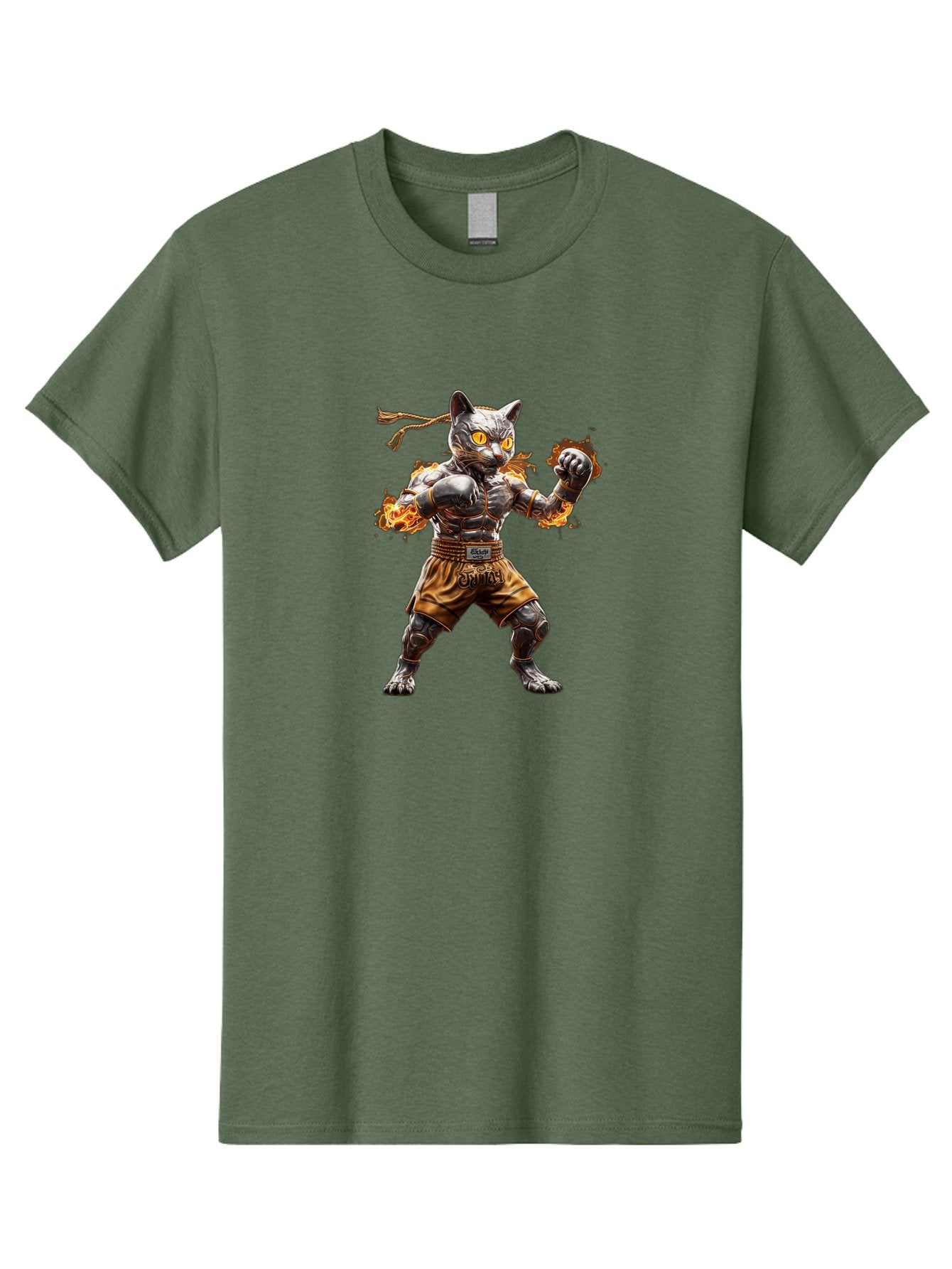 Cyber-Cat Men'S Graphic Tee, 100% Cotton, Comfortable Casual Summer Wear, Machine Washable, Anime Style Robot Cat, Martial Arts Pose, Futuristic Warrior, Cybernetic Feline, Orange Eyes Glowing, Ninja Costume, Fiery Aura, Dynamic Action, Bae431 5