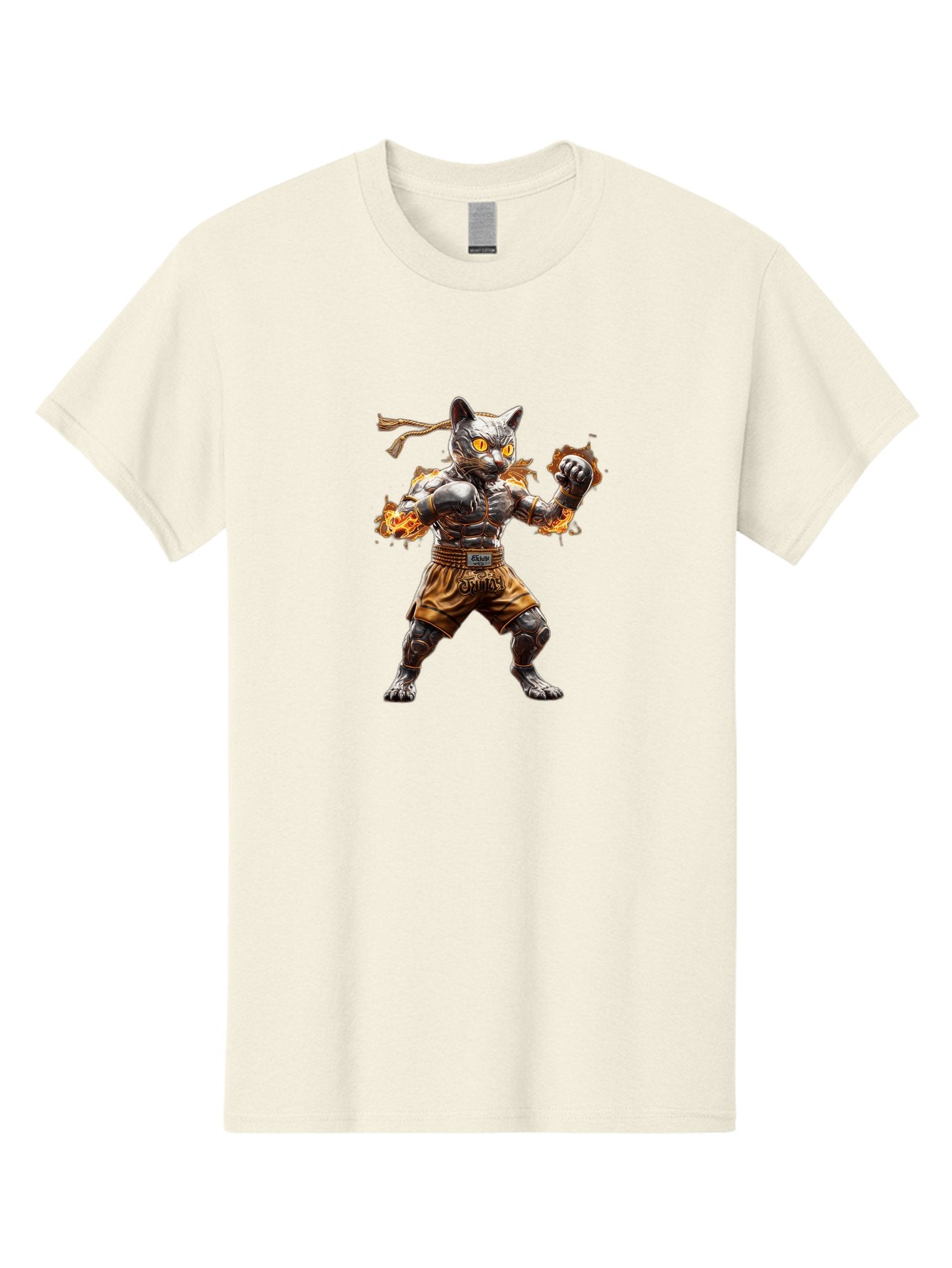 Cyber-Cat Men'S Graphic Tee, 100% Cotton, Comfortable Casual Summer Wear, Machine Washable, Anime Style Robot Cat, Martial Arts Pose, Futuristic Warrior, Cybernetic Feline, Orange Eyes Glowing, Ninja Costume, Fiery Aura, Dynamic Action, Bae431 12