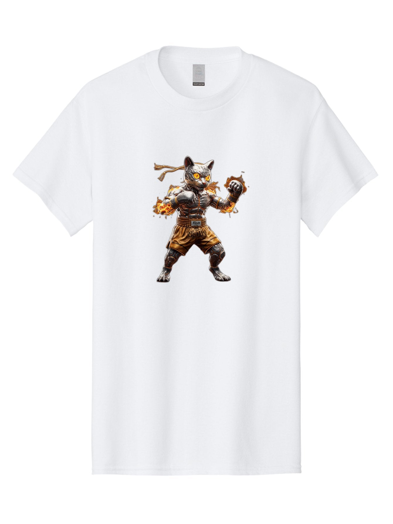 Cyber-Cat Men'S Graphic Tee, 100% Cotton, Comfortable Casual Summer Wear, Machine Washable, Anime Style Robot Cat, Martial Arts Pose, Futuristic Warrior, Cybernetic Feline, Orange Eyes Glowing, Ninja Costume, Fiery Aura, Dynamic Action, Bae431 8