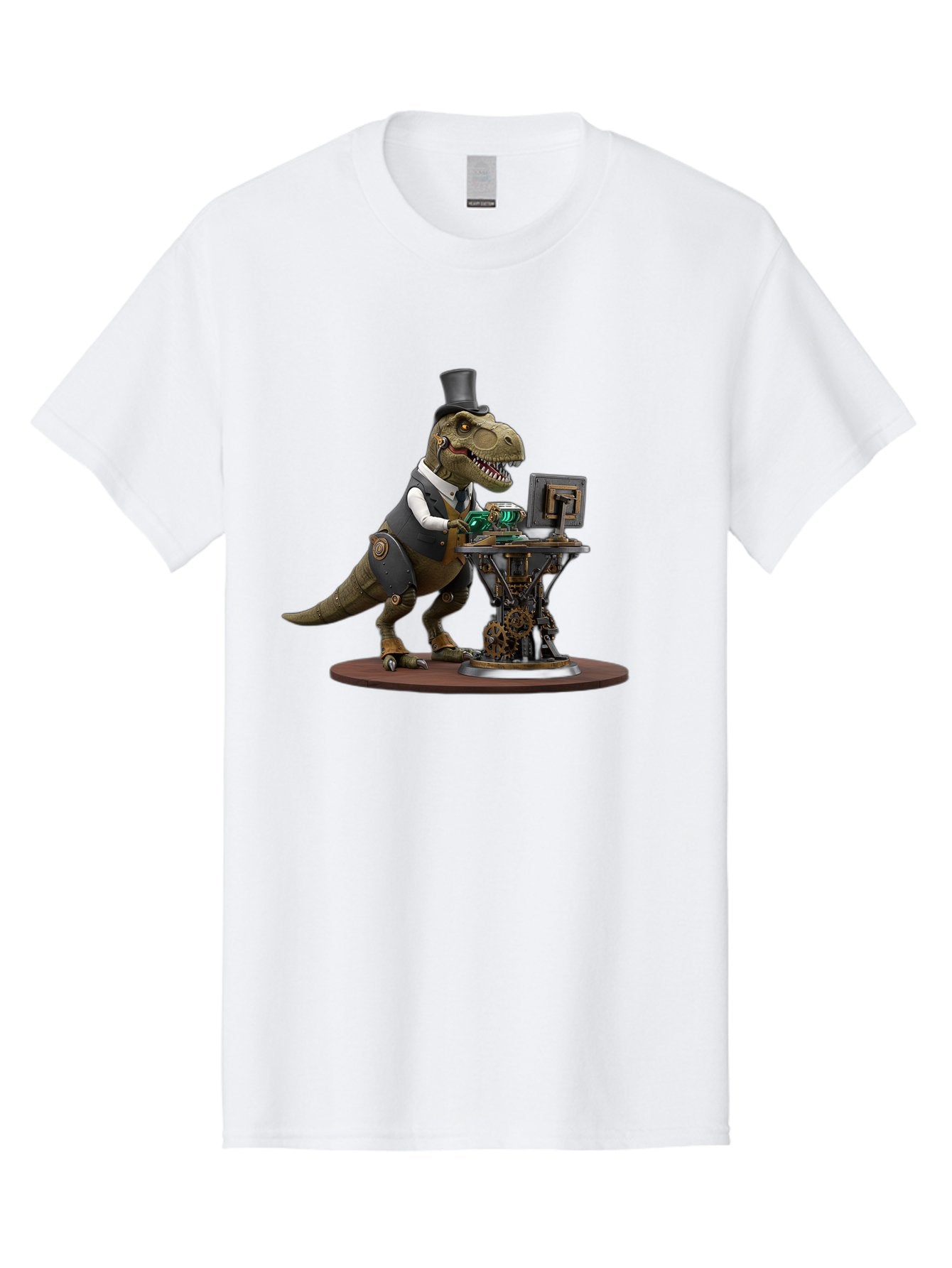 Dino-With-Top-Hat Men'S Graphic Tee, 100% Cotton, Comfortable Casual Summer Wear, Machine Washable, Robotic T-Rex, Top Hat, Steampunk, Computer, Steampunk Machinery, Metal Body, Cybernetic Dinosaur, Futuristic, Sci-Fi, Fantasy Creature, Bae437