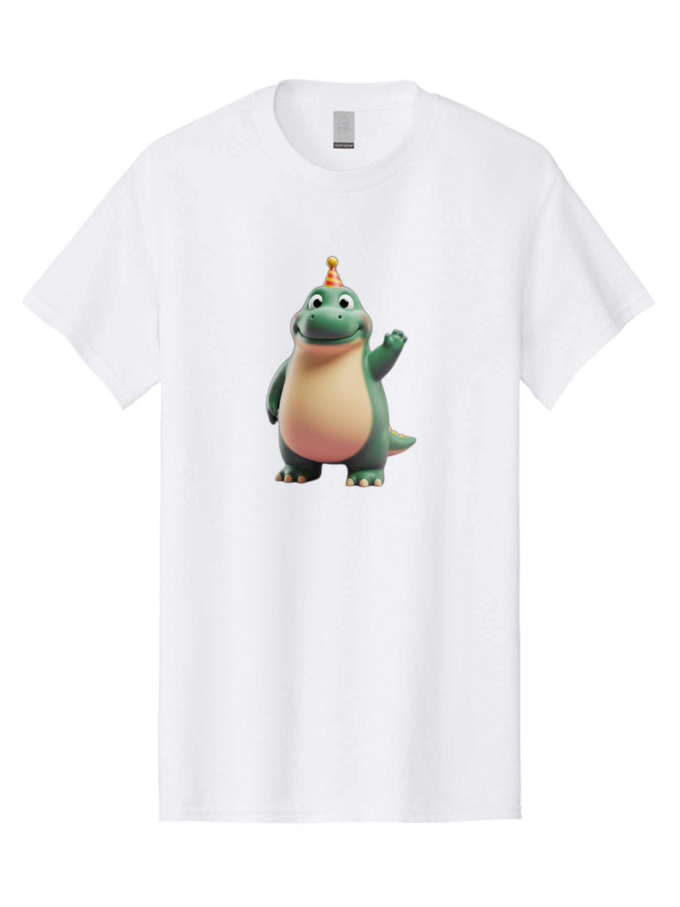 Dino Men'S Graphic Tee, 100% Cotton, Comfortable Casual Summer Wear, Machine Washable, Cartoon Dino, Party Hat, Birthday Celebration, Smiling Dino, Friendly Dinosaur, Animated Character, Kids Entertainment, Happy Dino Waving Bae438 7