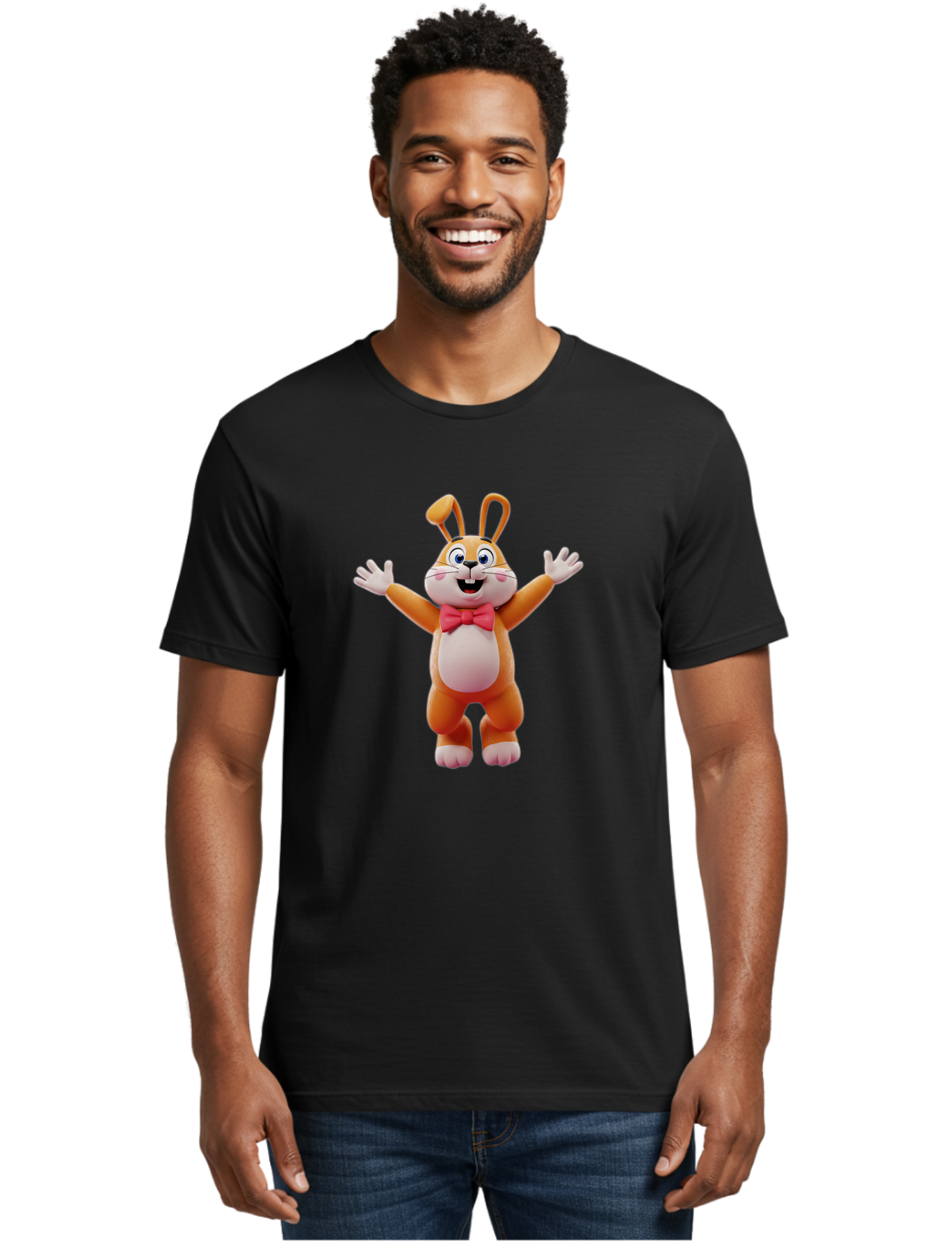 Easter-Bunny Men'S Graphic Tee, 100% Cotton, Comfortable Casual Summer Wear, Machine Washable, Cartoon Rabbit, Easter Bunny, Orange Bunny, Pink Bow Tie, White Gloves, Cute Character, 3D Illustration, Easter Theme, Spring Celebration Bae441 30