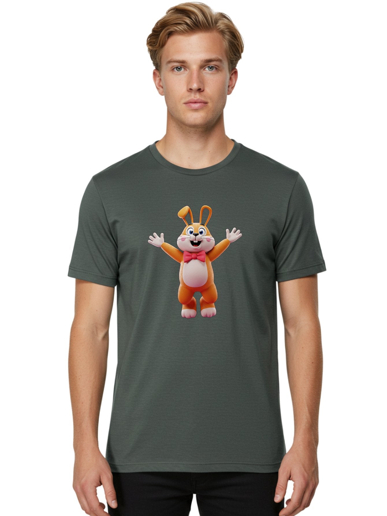 Easter-Bunny Men'S Graphic Tee, 100% Cotton, Comfortable Casual Summer Wear, Machine Washable, Cartoon Rabbit, Easter Bunny, Orange Bunny, Pink Bow Tie, White Gloves, Cute Character, 3D Illustration, Easter Theme, Spring Celebration Bae441 24