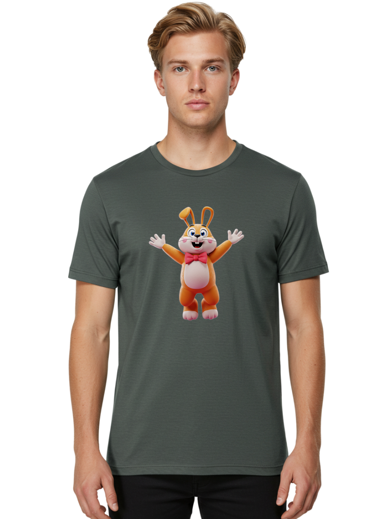 Easter-Bunny Men'S Graphic Tee, 100% Cotton, Comfortable Casual Summer Wear, Machine Washable, Cartoon Rabbit, Easter Bunny, Orange Bunny, Pink Bow Tie, White Gloves, Cute Character, 3D Illustration, Easter Theme, Spring Celebration Bae441 22