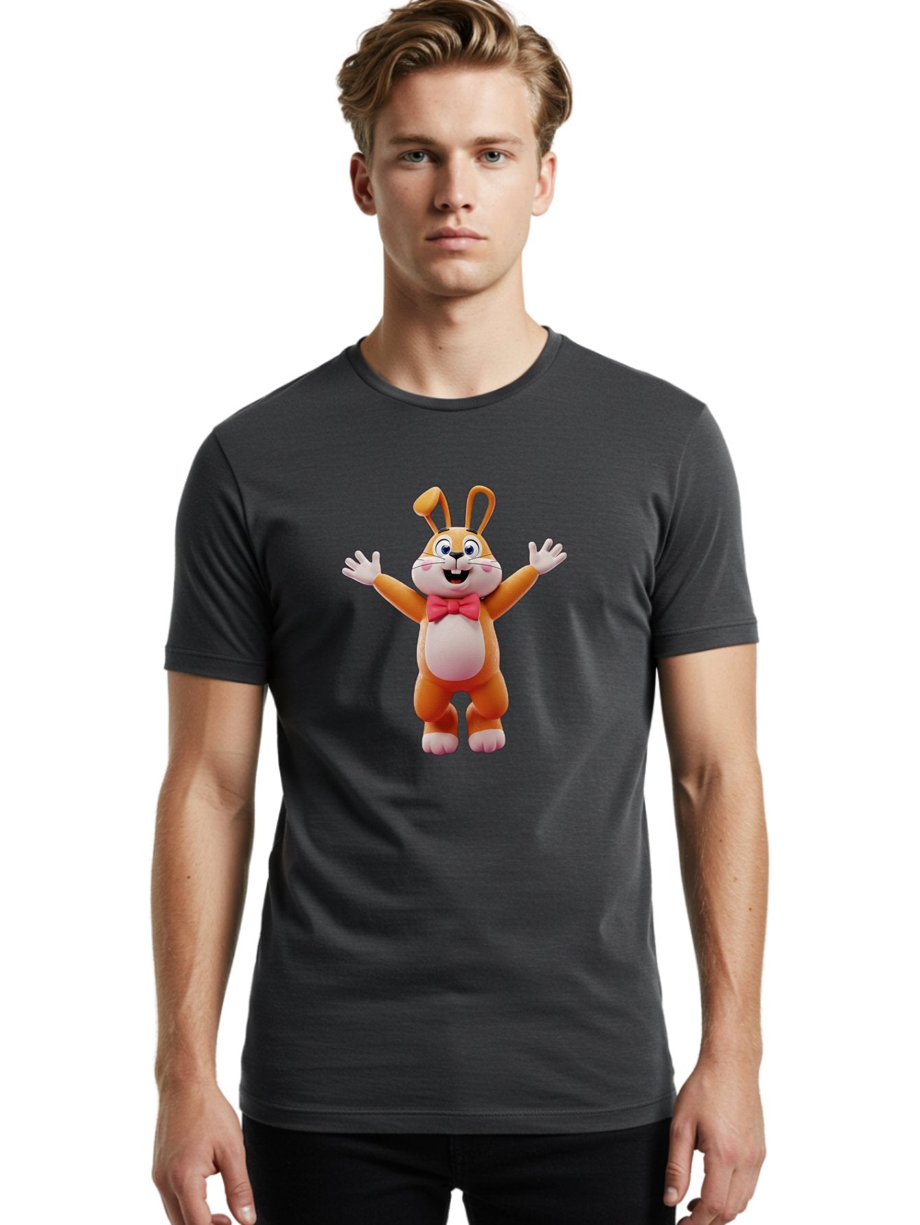 Easter-Bunny Men'S Graphic Tee, 100% Cotton, Comfortable Casual Summer Wear, Machine Washable, Cartoon Rabbit, Easter Bunny, Orange Bunny, Pink Bow Tie, White Gloves, Cute Character, 3D Illustration, Easter Theme, Spring Celebration Bae441 28