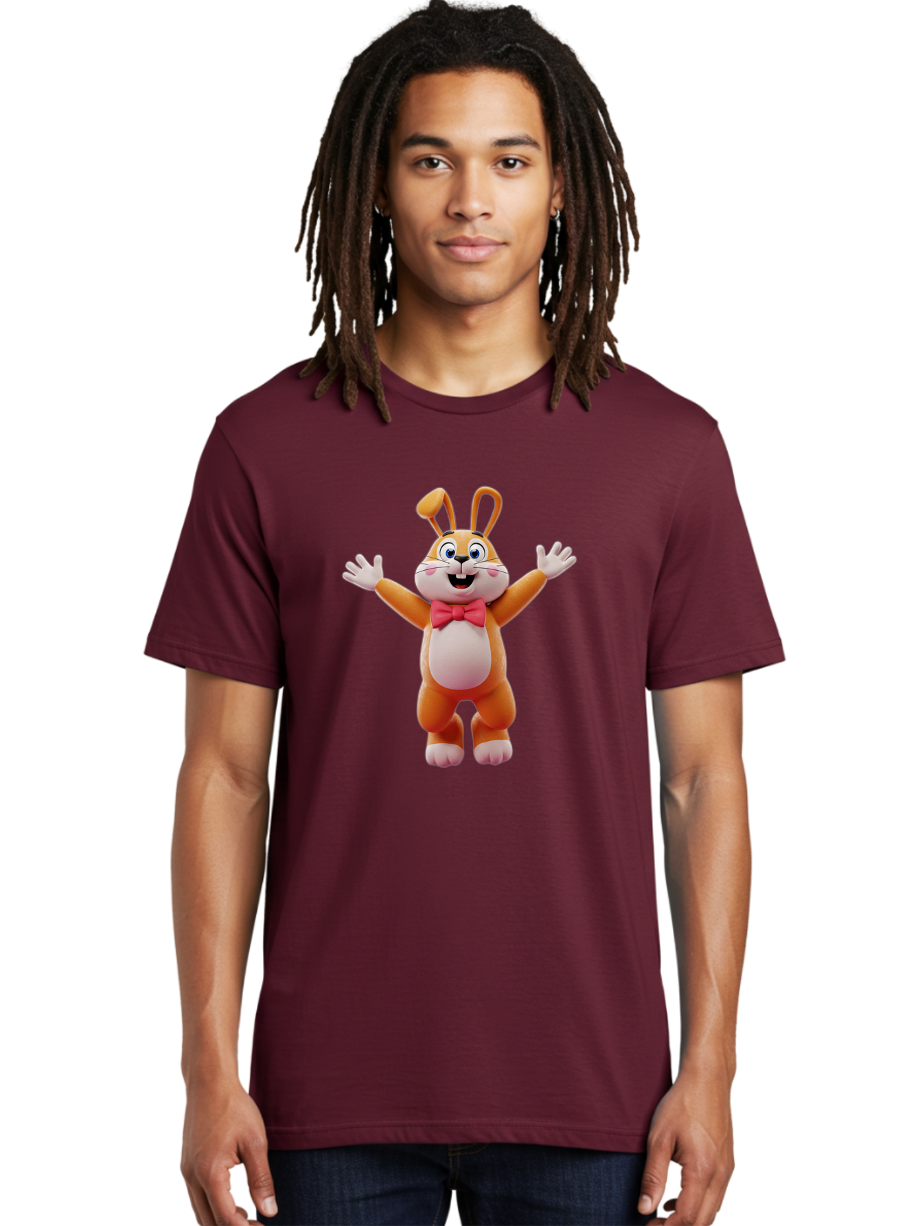 Easter-Bunny Men'S Graphic Tee, 100% Cotton, Comfortable Casual Summer Wear, Machine Washable, Cartoon Rabbit, Easter Bunny, Orange Bunny, Pink Bow Tie, White Gloves, Cute Character, 3D Illustration, Easter Theme, Spring Celebration Bae441 26