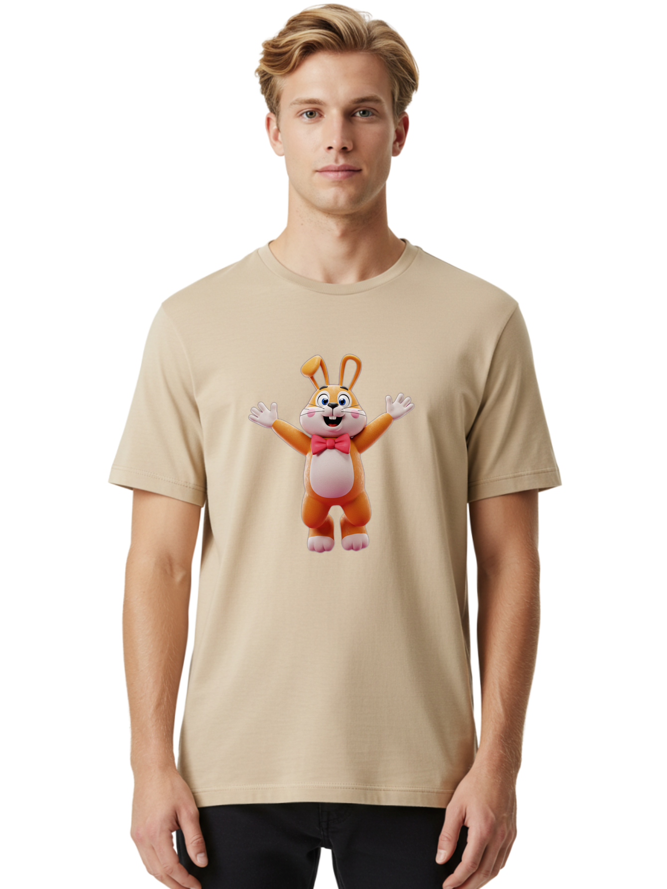 Easter-Bunny Men'S Graphic Tee, 100% Cotton, Comfortable Casual Summer Wear, Machine Washable, Cartoon Rabbit, Easter Bunny, Orange Bunny, Pink Bow Tie, White Gloves, Cute Character, 3D Illustration, Easter Theme, Spring Celebration Bae441 17