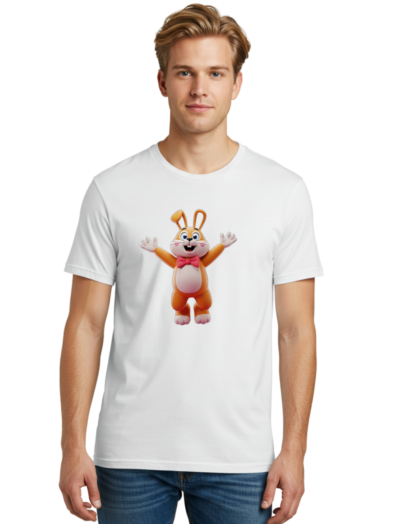 Easter-Bunny Men'S Graphic Tee, 100% Cotton, Comfortable Casual Summer Wear, Machine Washable, Cartoon Rabbit, Easter Bunny, Orange Bunny, Pink Bow Tie, White Gloves, Cute Character, 3D Illustration, Easter Theme, Spring Celebration Bae441 19