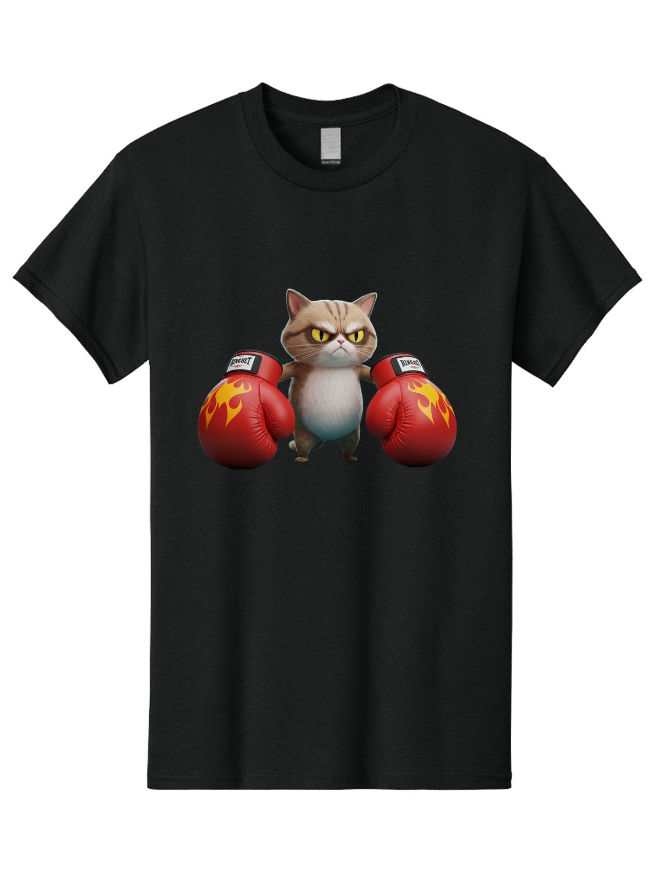 Expect-Cat-Boxer Men'S Graphic Tee, 100% Cotton, Comfortable Casual Summer Wear, Machine Washable, Aggressive Cat, Boxing Gloves, Fighting Cat, Expect Label, Feline Fighter, Cartoon Cat, Yellow Eyes, Red Gloves, Flame Design Bae444 13