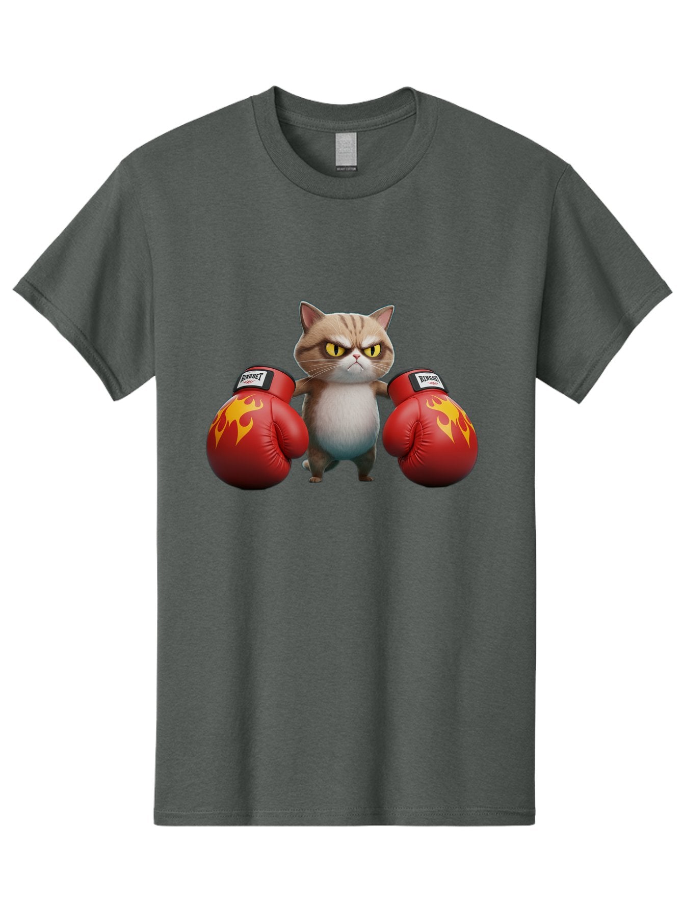 Expect-Cat-Boxer Men'S Graphic Tee, 100% Cotton, Comfortable Casual Summer Wear, Machine Washable, Aggressive Cat, Boxing Gloves, Fighting Cat, Expect Label, Feline Fighter, Cartoon Cat, Yellow Eyes, Red Gloves, Flame Design Bae444 15