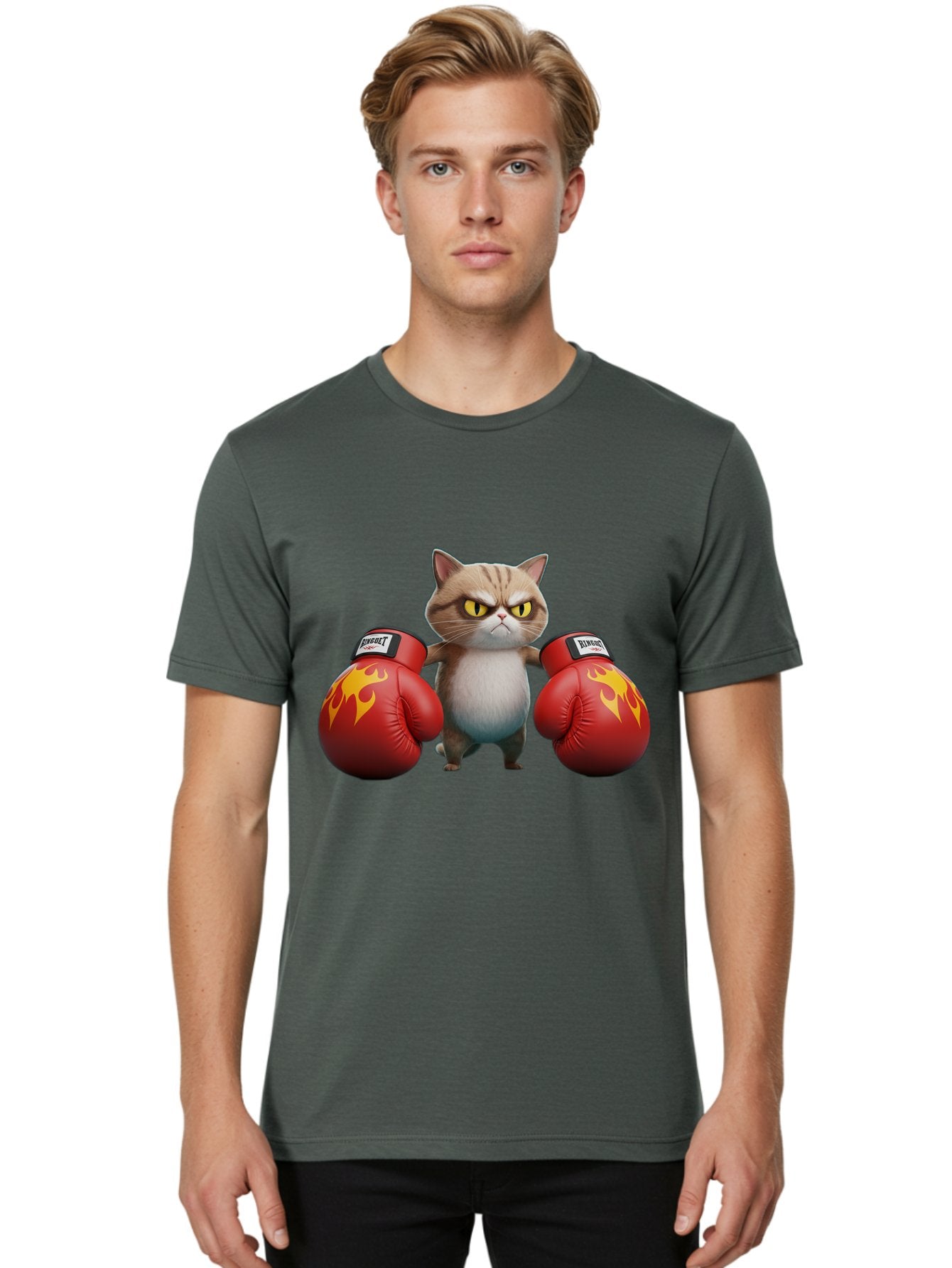 Expect-Cat-Boxer Men'S Graphic Tee, 100% Cotton, Comfortable Casual Summer Wear, Machine Washable, Aggressive Cat, Boxing Gloves, Fighting Cat, Expect Label, Feline Fighter, Cartoon Cat, Yellow Eyes, Red Gloves, Flame Design Bae444 30
