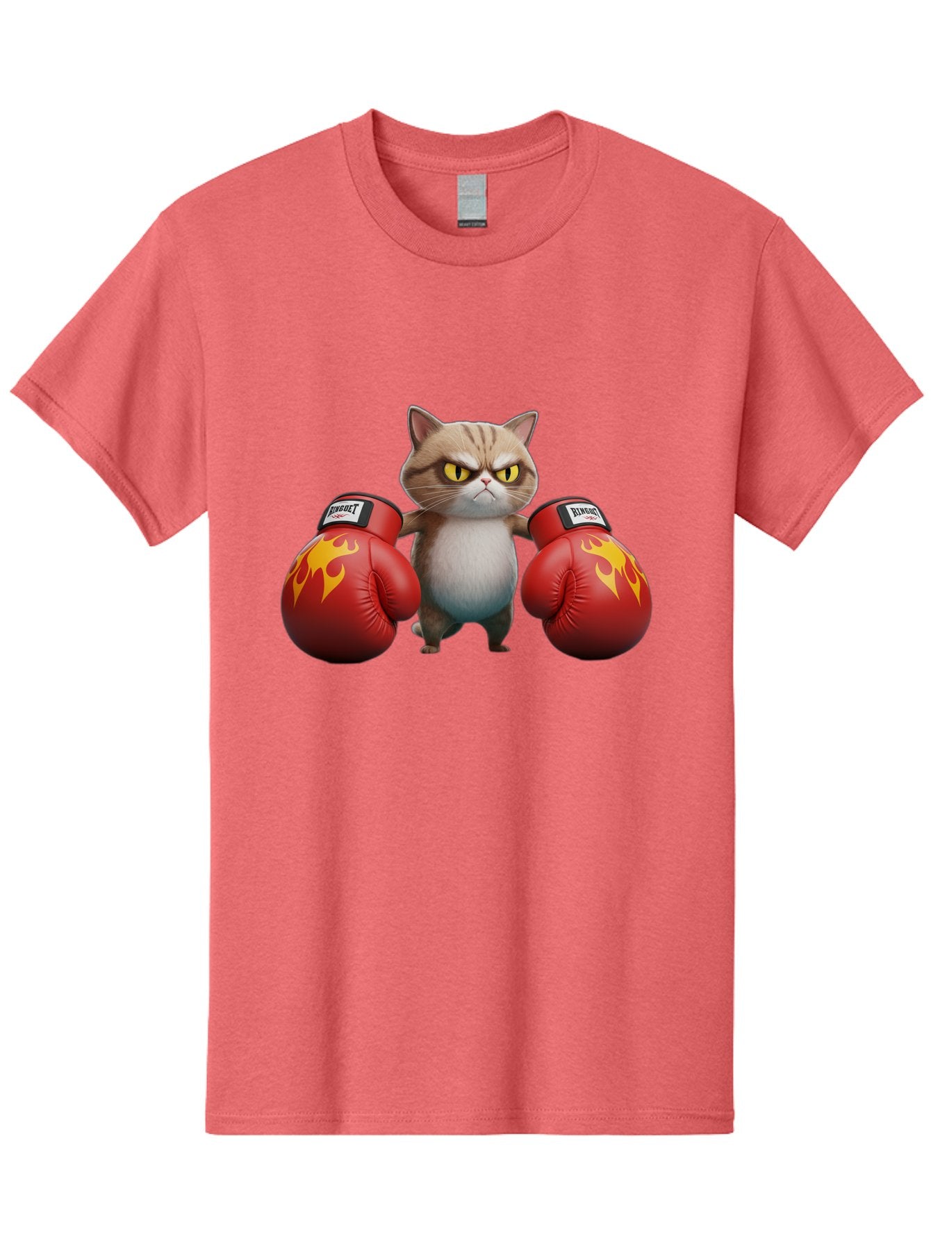 Expect-Cat-Boxer Men'S Graphic Tee, 100% Cotton, Comfortable Casual Summer Wear, Machine Washable, Aggressive Cat, Boxing Gloves, Fighting Cat, Expect Label, Feline Fighter, Cartoon Cat, Yellow Eyes, Red Gloves, Flame Design Bae444 5