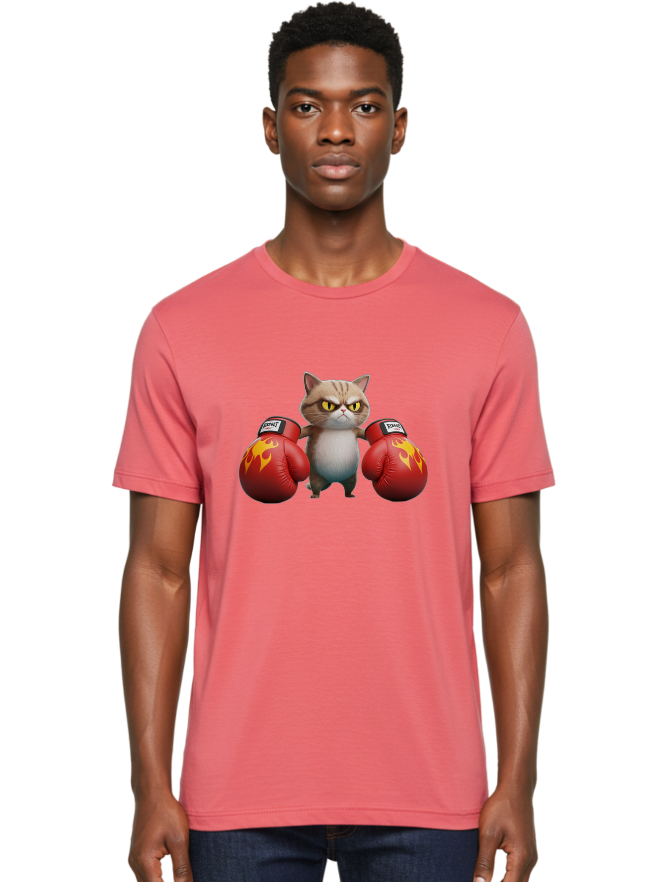 Expect-Cat-Boxer Men'S Graphic Tee, 100% Cotton, Comfortable Casual Summer Wear, Machine Washable, Aggressive Cat, Boxing Gloves, Fighting Cat, Expect Label, Feline Fighter, Cartoon Cat, Yellow Eyes, Red Gloves, Flame Design Bae444 23