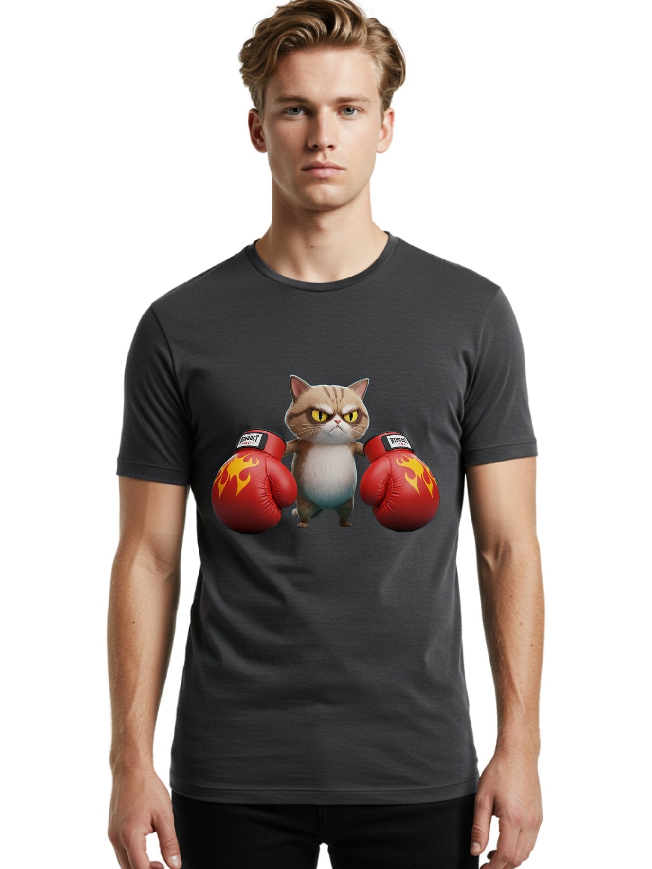 Expect-Cat-Boxer Men'S Graphic Tee, 100% Cotton, Comfortable Casual Summer Wear, Machine Washable, Aggressive Cat, Boxing Gloves, Fighting Cat, Expect Label, Feline Fighter, Cartoon Cat, Yellow Eyes, Red Gloves, Flame Design Bae444 27