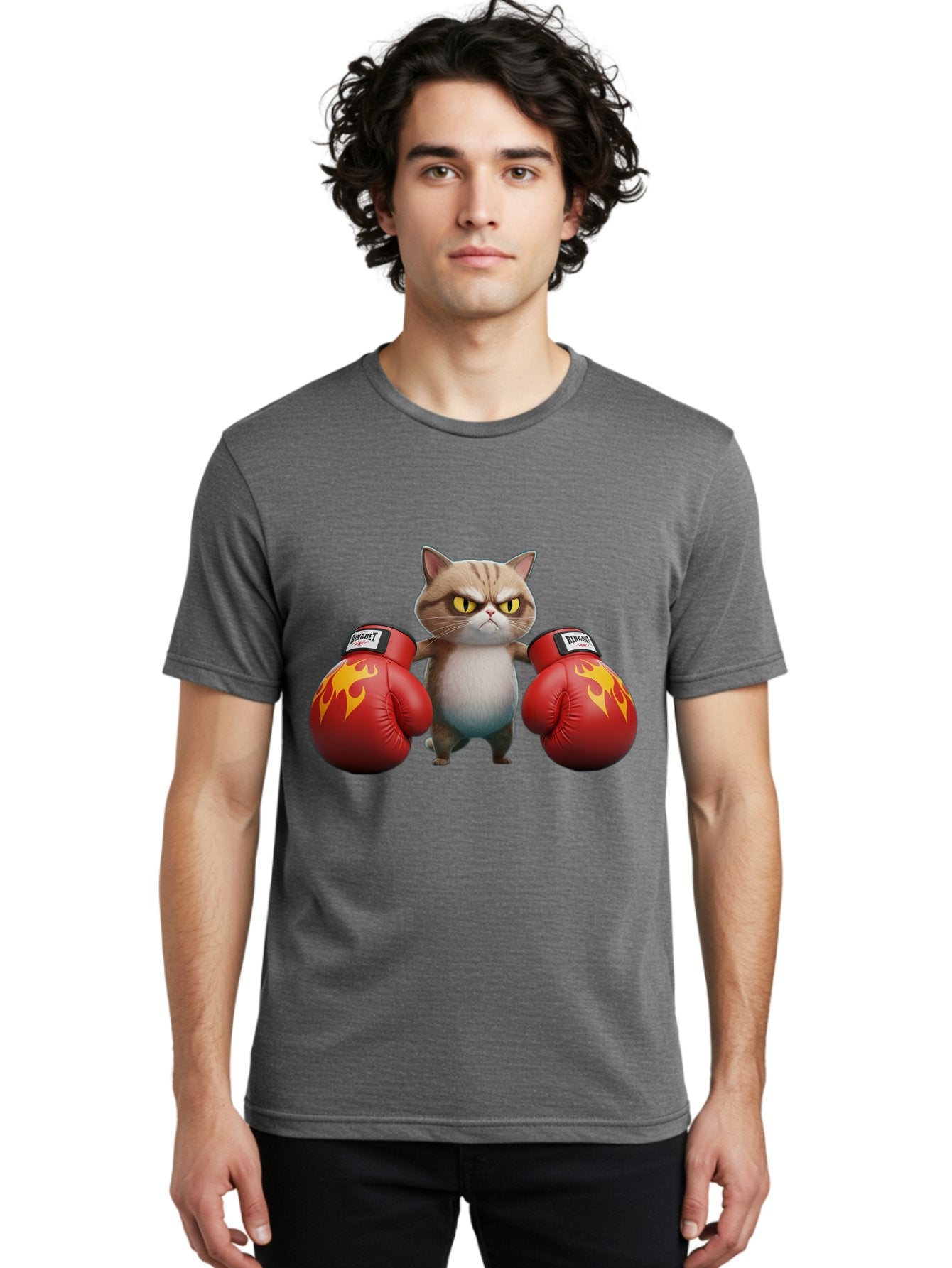 Expect-Cat-Boxer Men'S Graphic Tee, 100% Cotton, Comfortable Casual Summer Wear, Machine Washable, Aggressive Cat, Boxing Gloves, Fighting Cat, Expect Label, Feline Fighter, Cartoon Cat, Yellow Eyes, Red Gloves, Flame Design Bae444 21