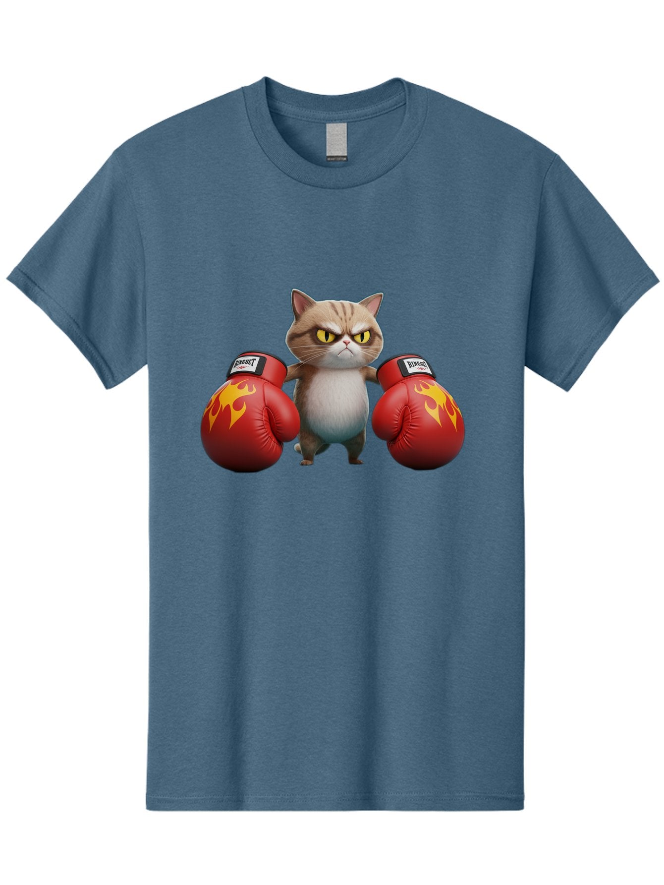 Expect-Cat-Boxer Men'S Graphic Tee, 100% Cotton, Comfortable Casual Summer Wear, Machine Washable, Aggressive Cat, Boxing Gloves, Fighting Cat, Expect Label, Feline Fighter, Cartoon Cat, Yellow Eyes, Red Gloves, Flame Design Bae444 14